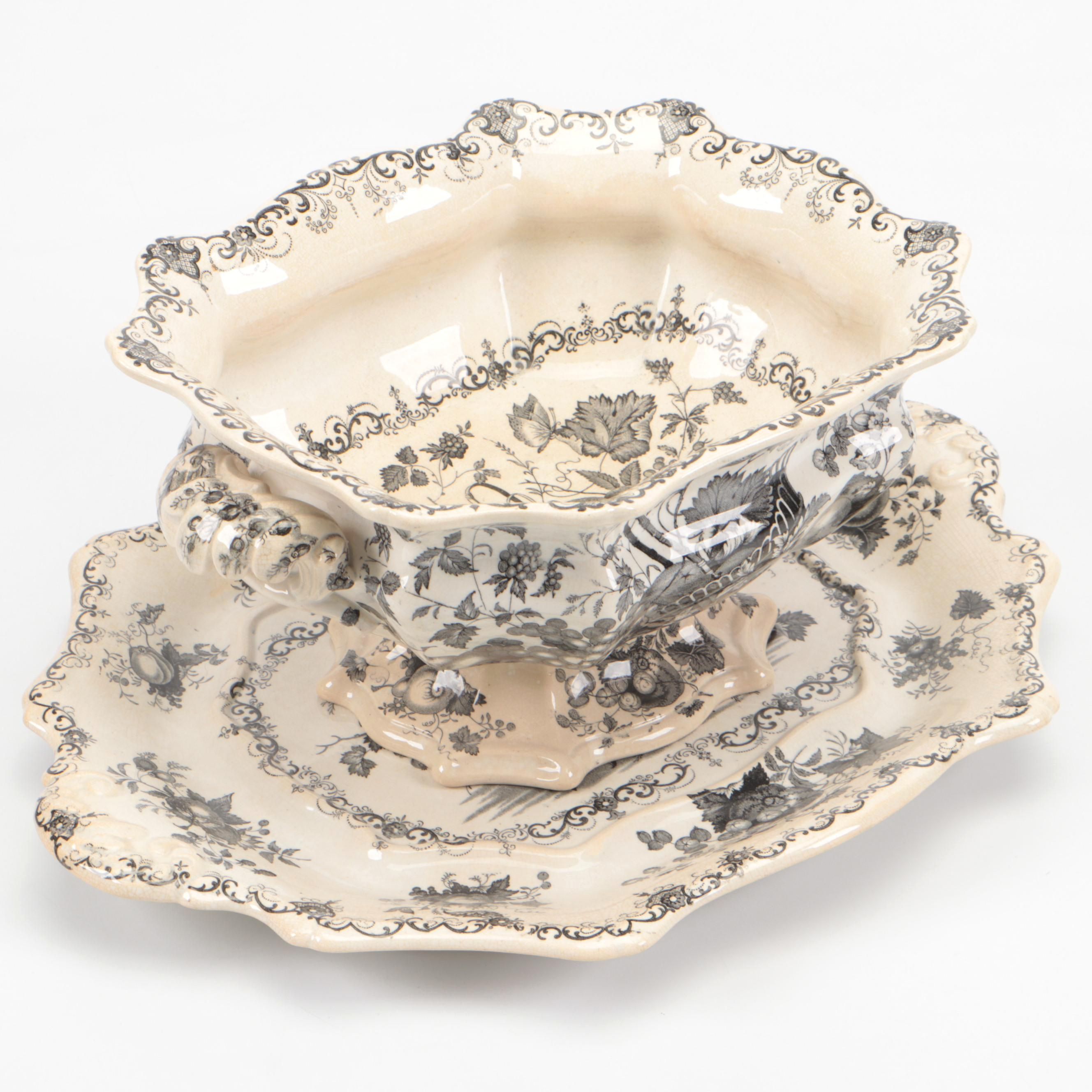 English Ironstone Black Transferware "Fruit Basket" Footed Bowl and Underplate