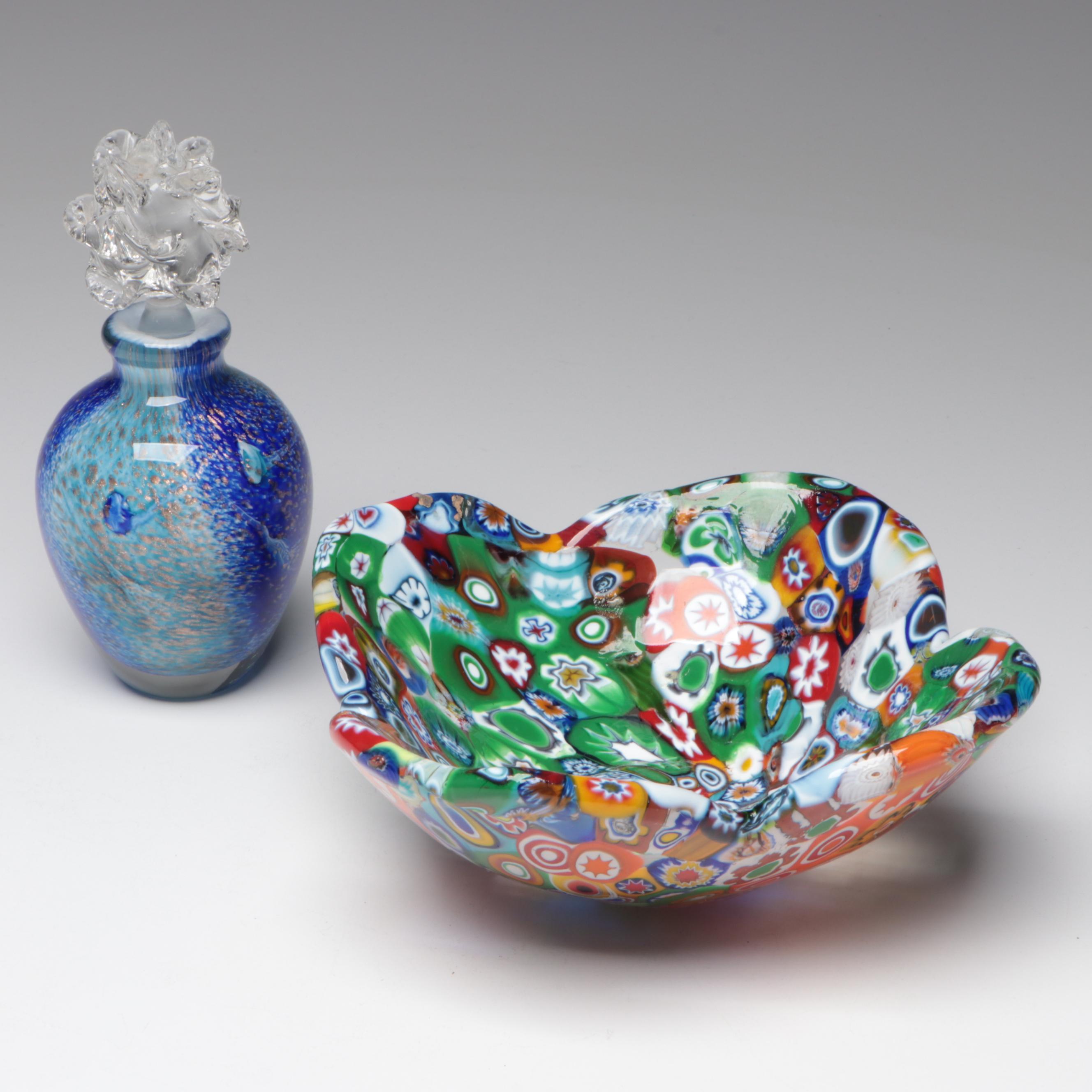 Millefiori Glass Bowl with Artist Signed Perfume Bottle