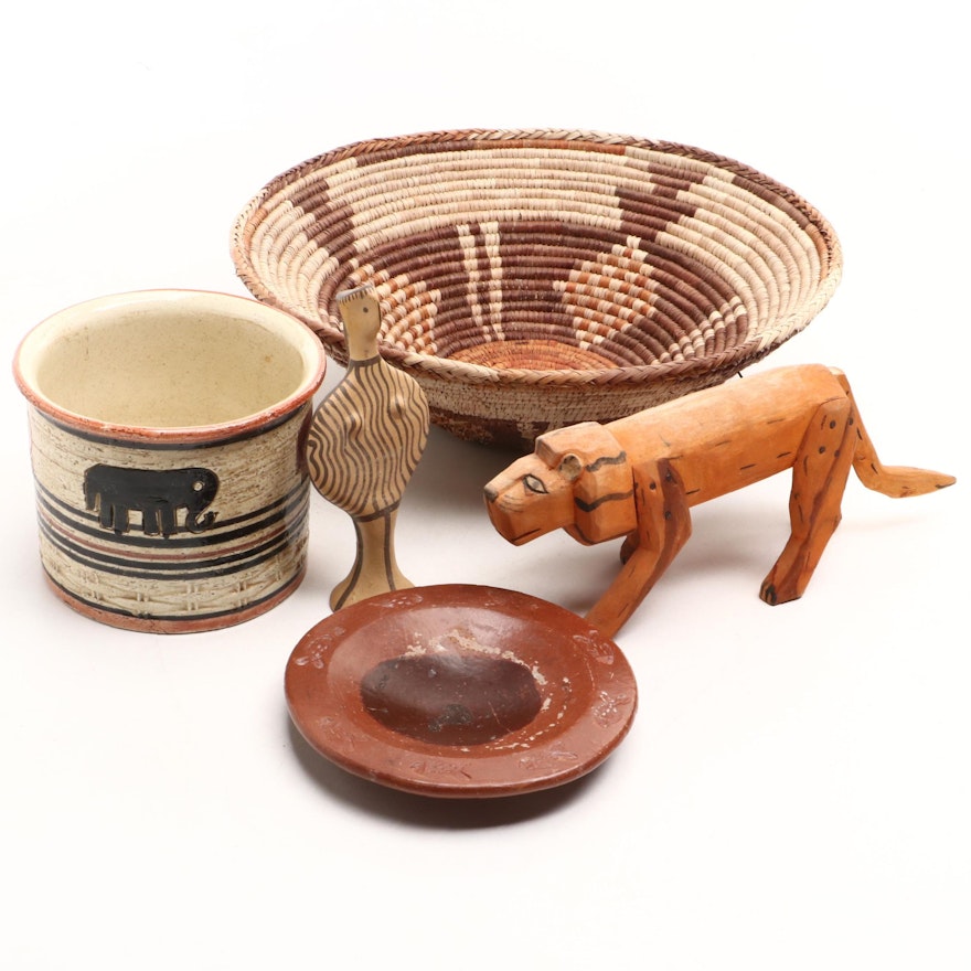 Rwandan Basket, Folk Art Carved Lion, Mycenaean Style Figure, Rosenthal Pot