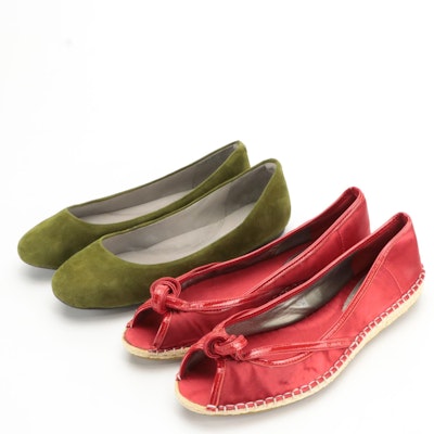 Cole Haan Red Satin Peep-Toe Espadrille Flats, Kenneth Cole Olive Suede Flats