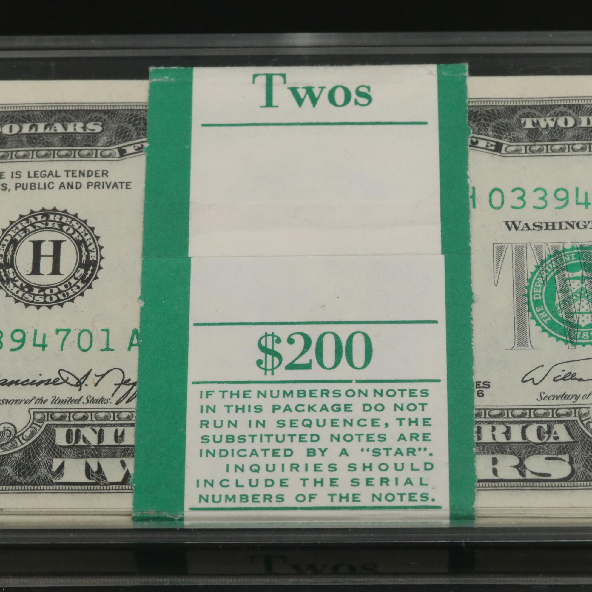 One Hundred 1976 $2 Dollar Federal Reserve Notes with Consecutive Serial Numbers