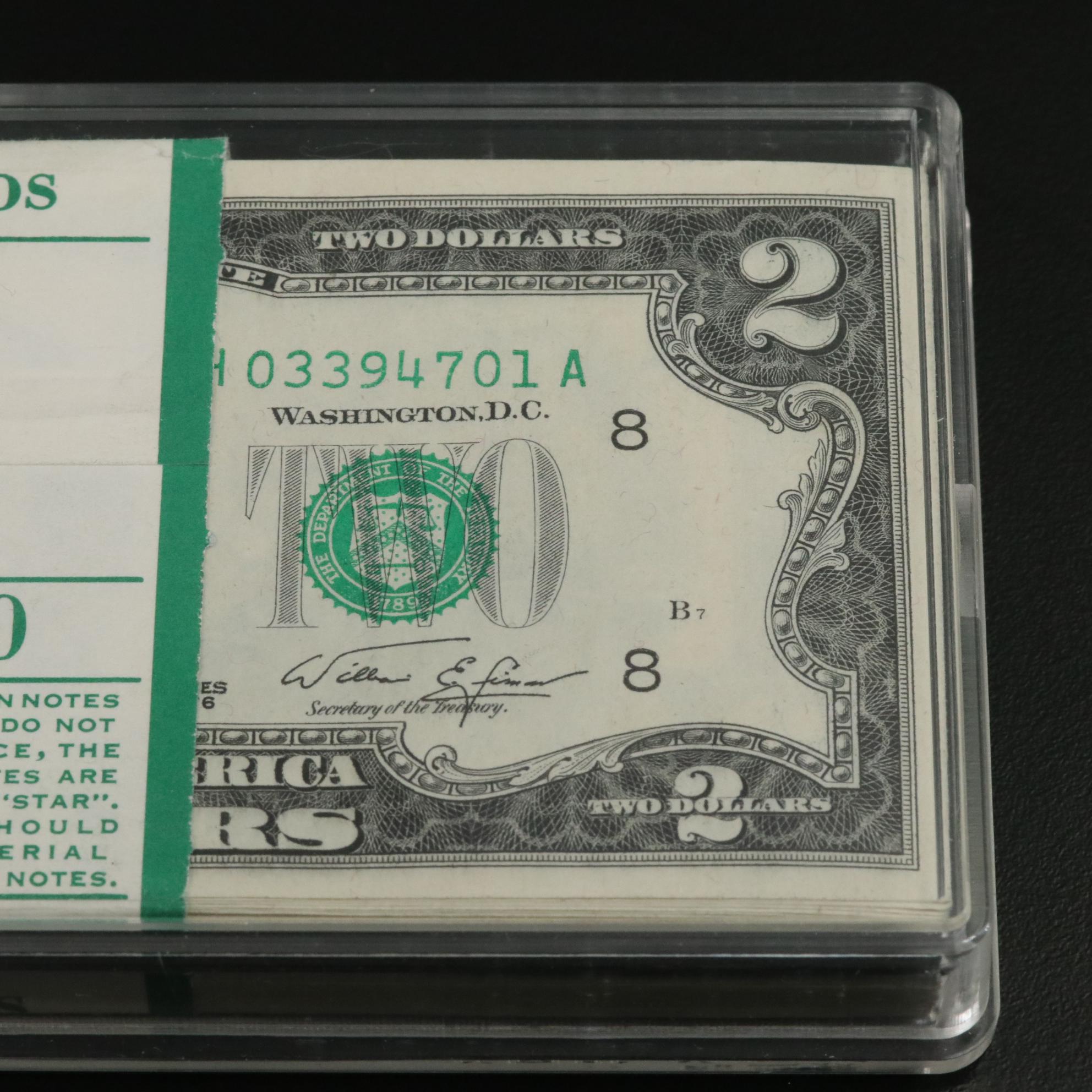 One Hundred 1976 $2 Dollar Federal Reserve Notes with Consecutive Serial Numbers
