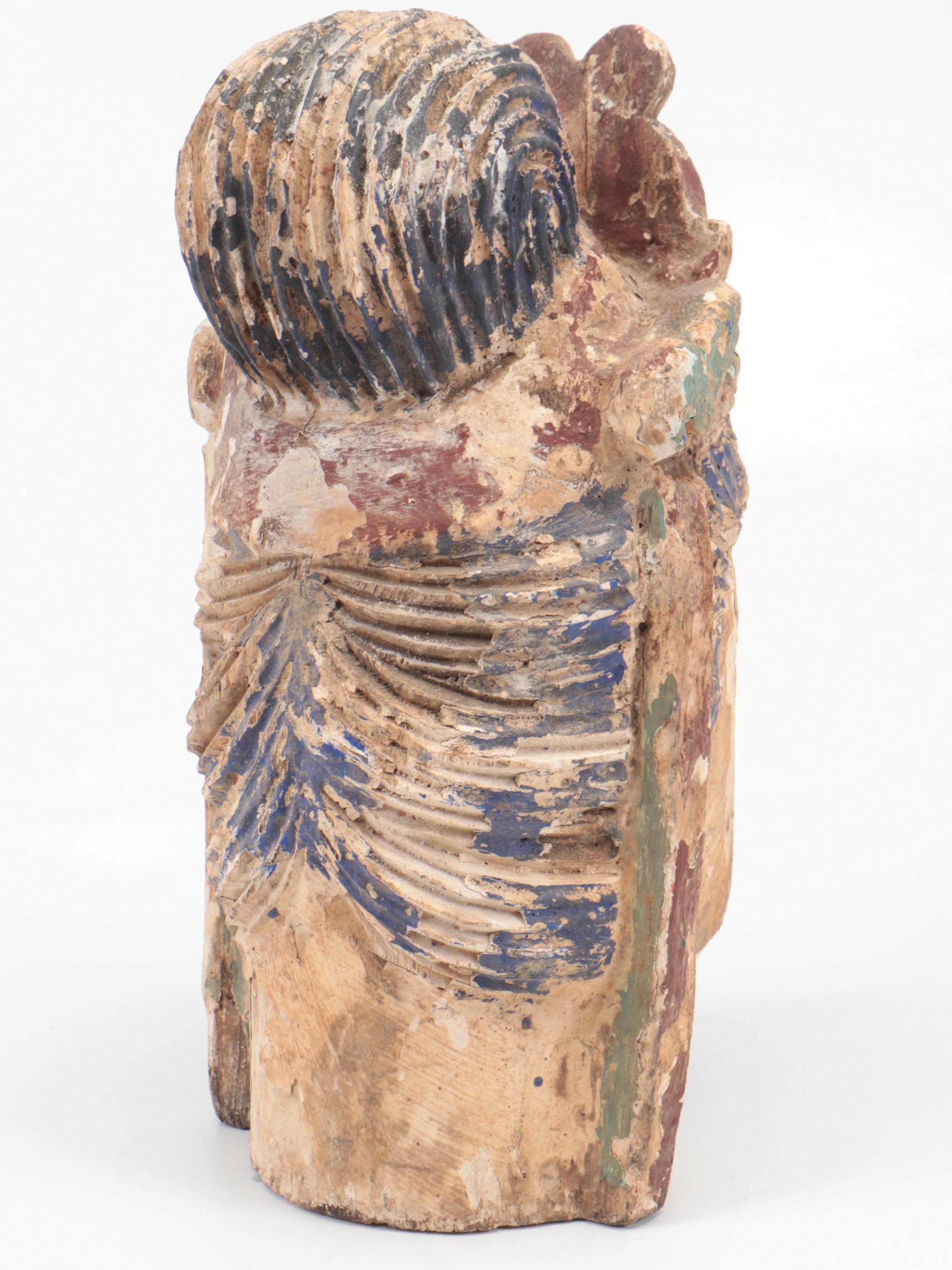 Asian Polychrome Carved Wooden Bodhisattva Head and Other Candle Pillars