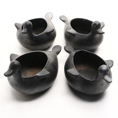 Mexican Folk Art Style Black Earthenware Duck Shaped Bowl Vases