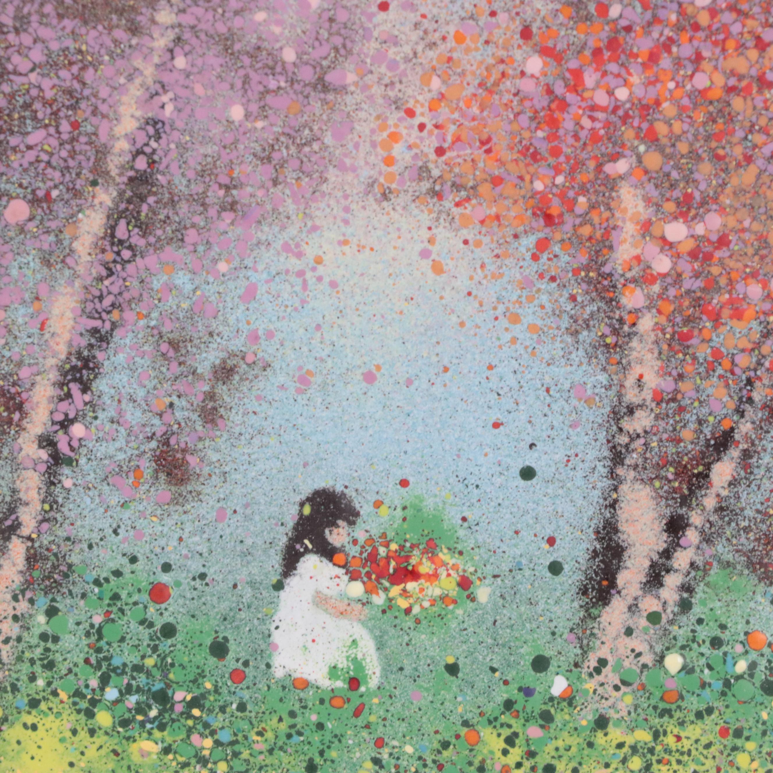 Louis Cardin Enamel on Copper Picture of Girl Gathering Flowers