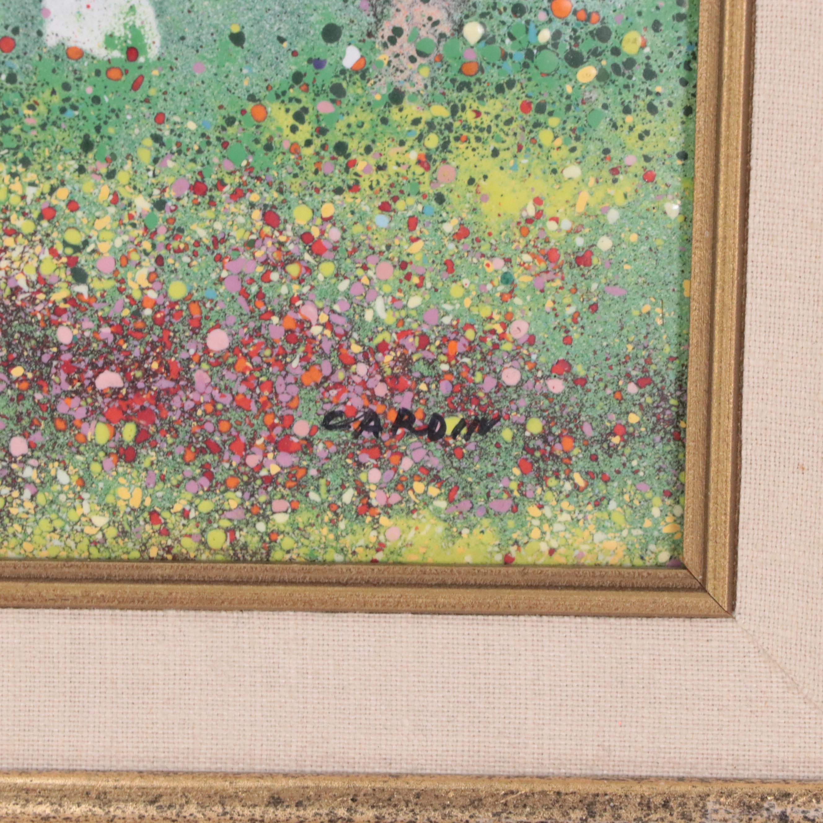 Louis Cardin Enamel on Copper Picture of Girl Gathering Flowers