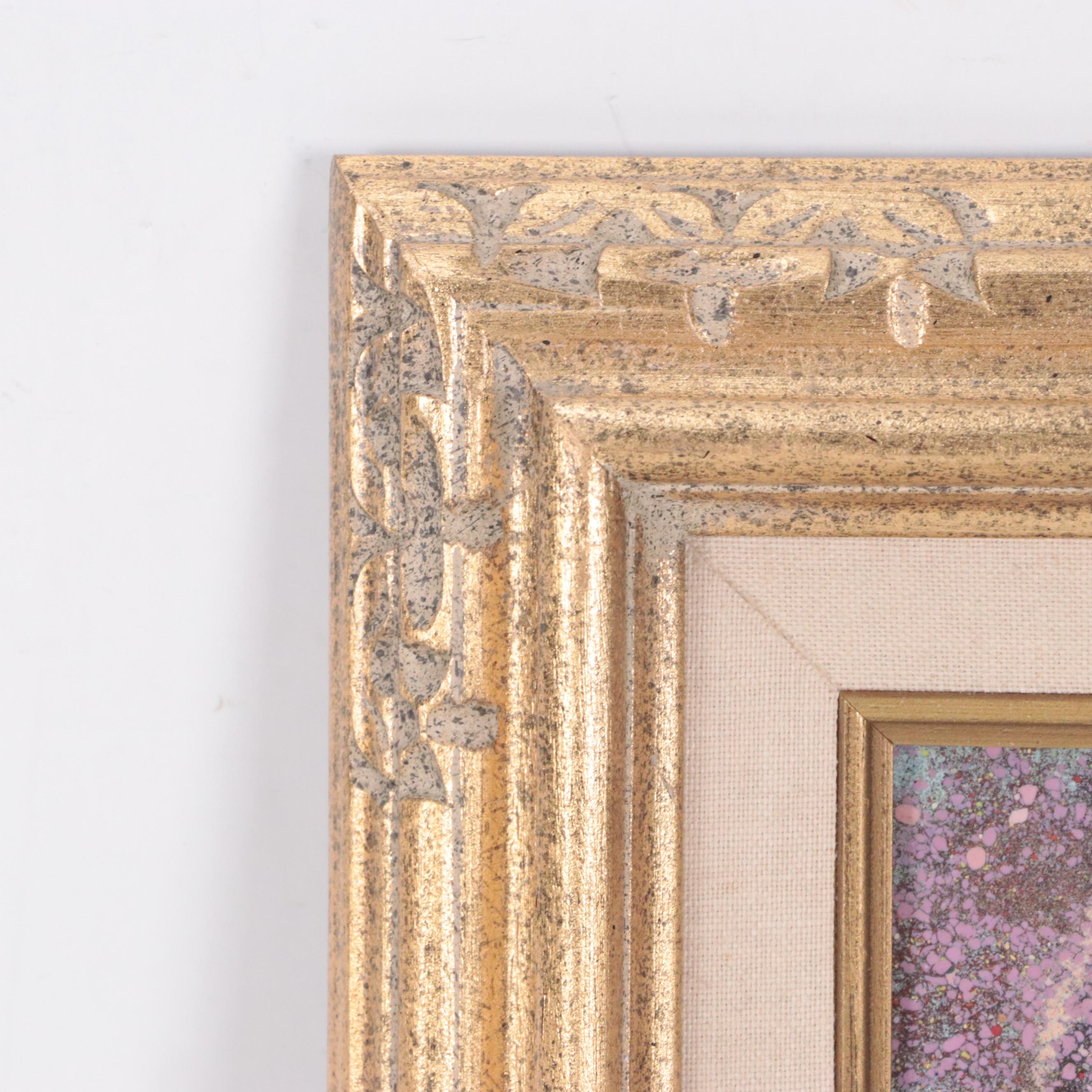 Louis Cardin Enamel on Copper Picture of Girl Gathering Flowers