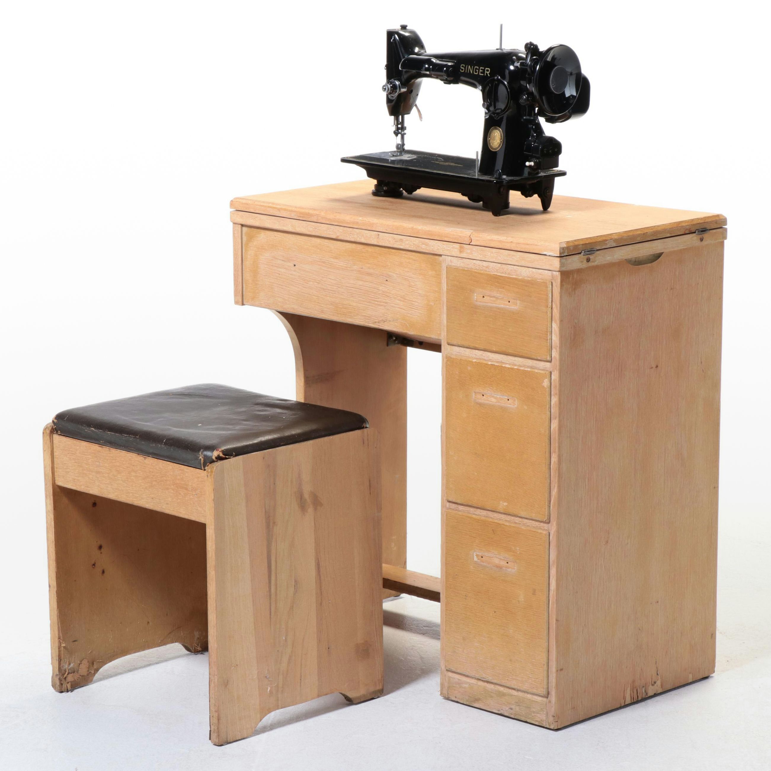Singer Electric Sewing Machine on Sewing Cabinet with Seat and Notions, 1950s