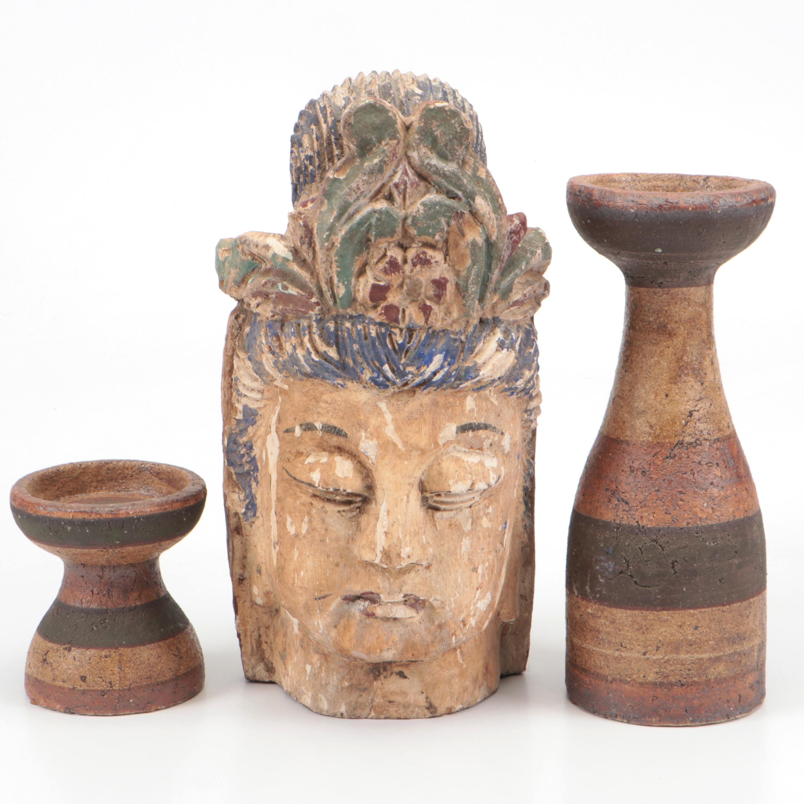 Asian Polychrome Carved Wooden Bodhisattva Head and Other Candle Pillars
