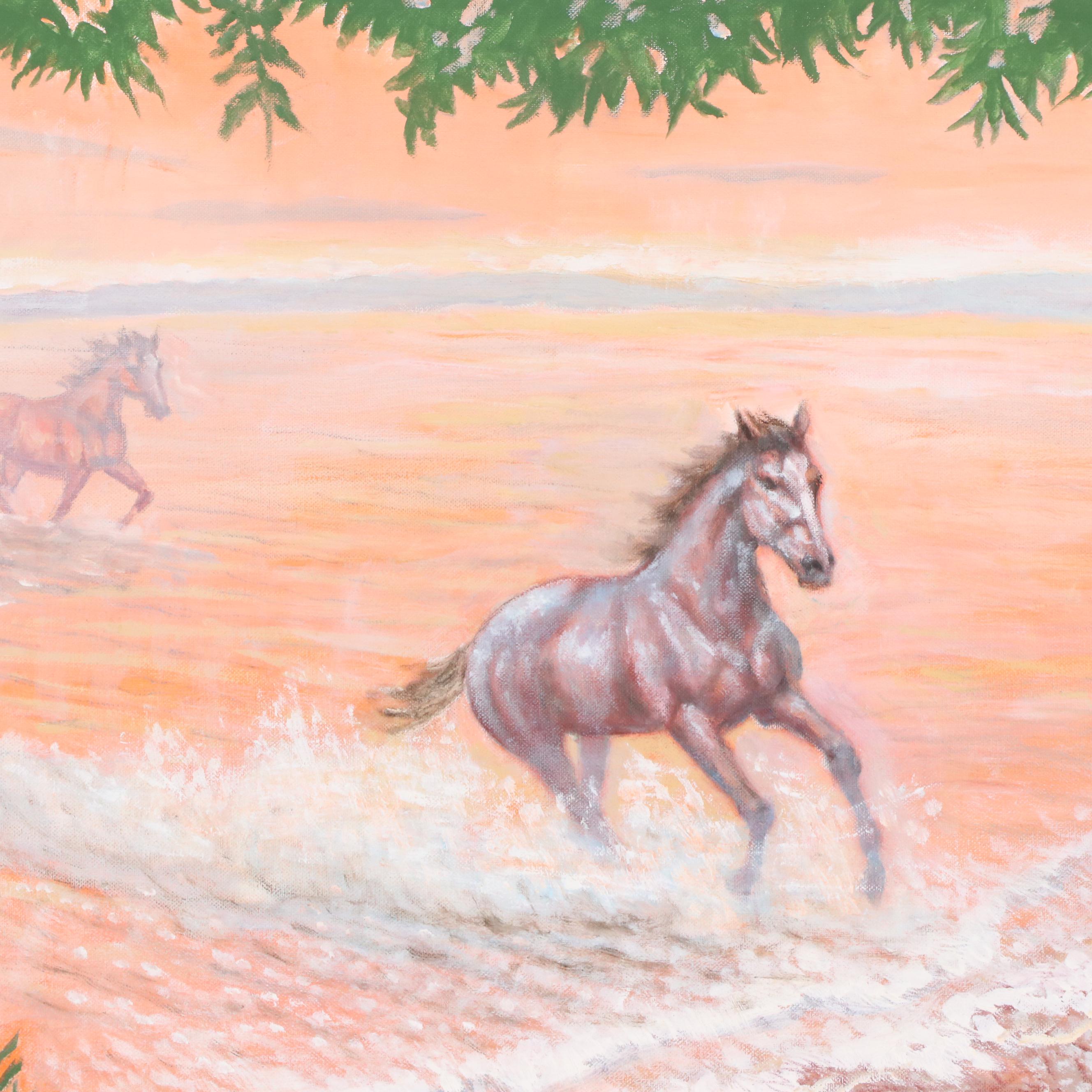 Gregory Perillo Oil Painting of Horses Running on Beach
