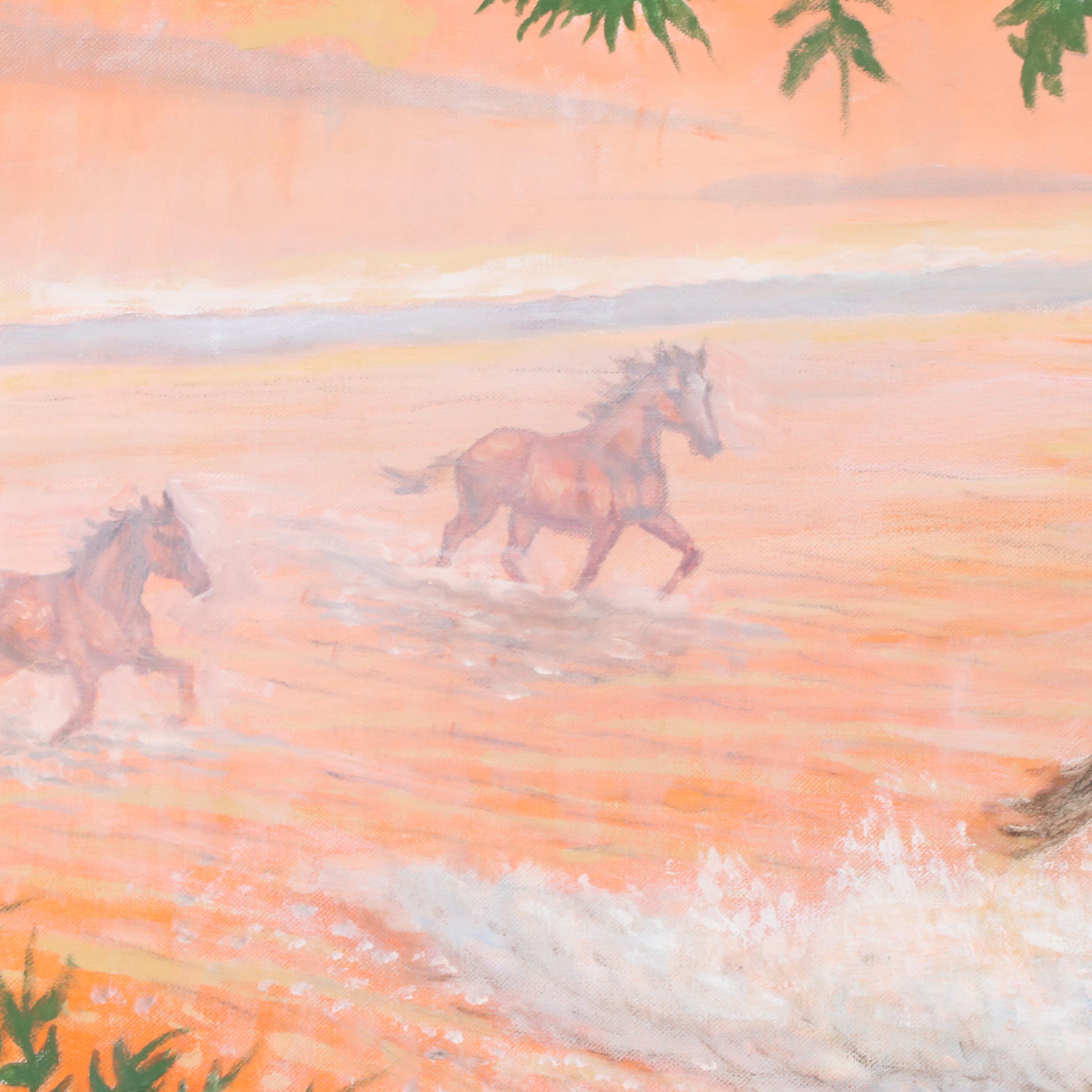 Gregory Perillo Oil Painting of Horses Running on Beach