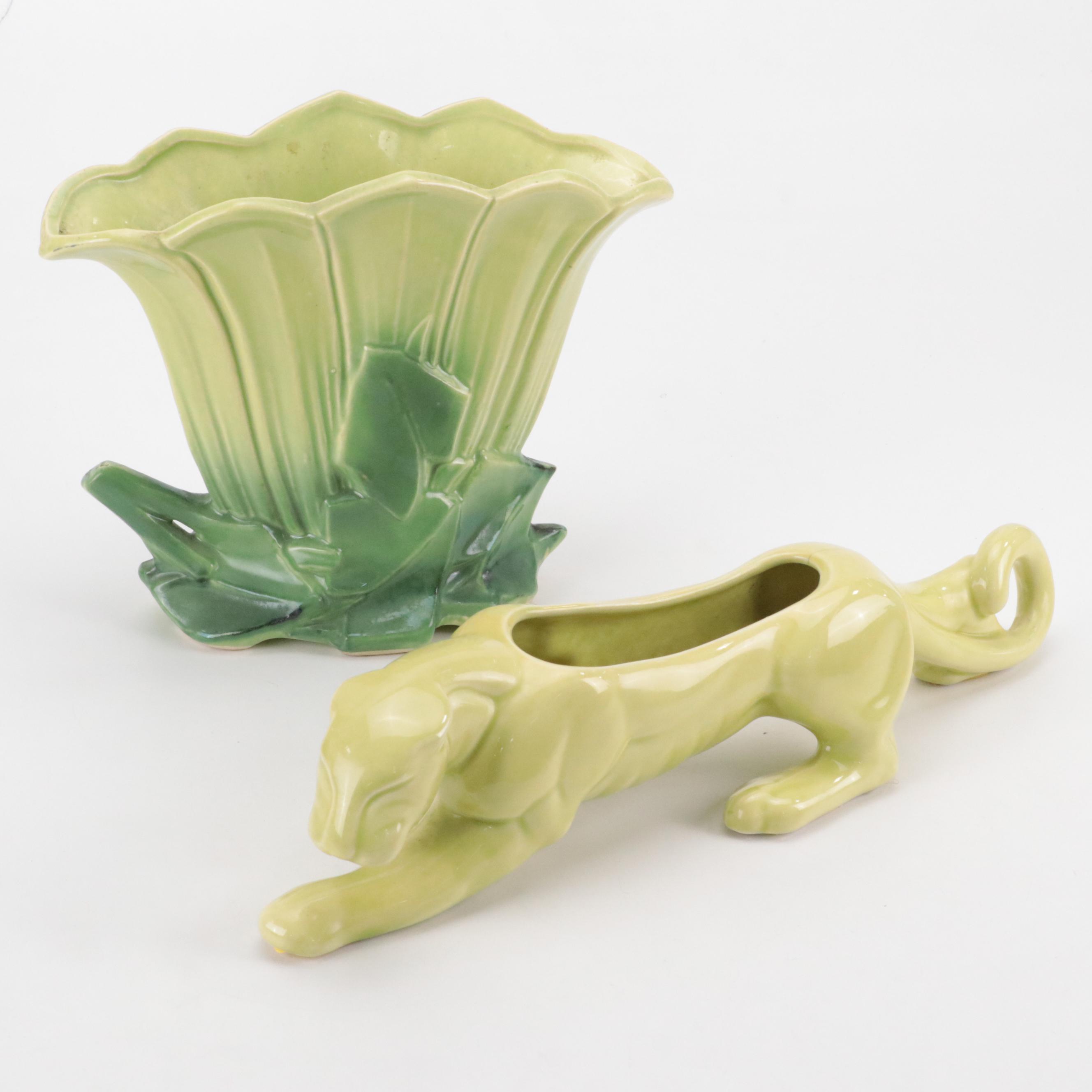 McCoy Pottery Raised Leaf Tulip Vase with Ceramic Panther Planter