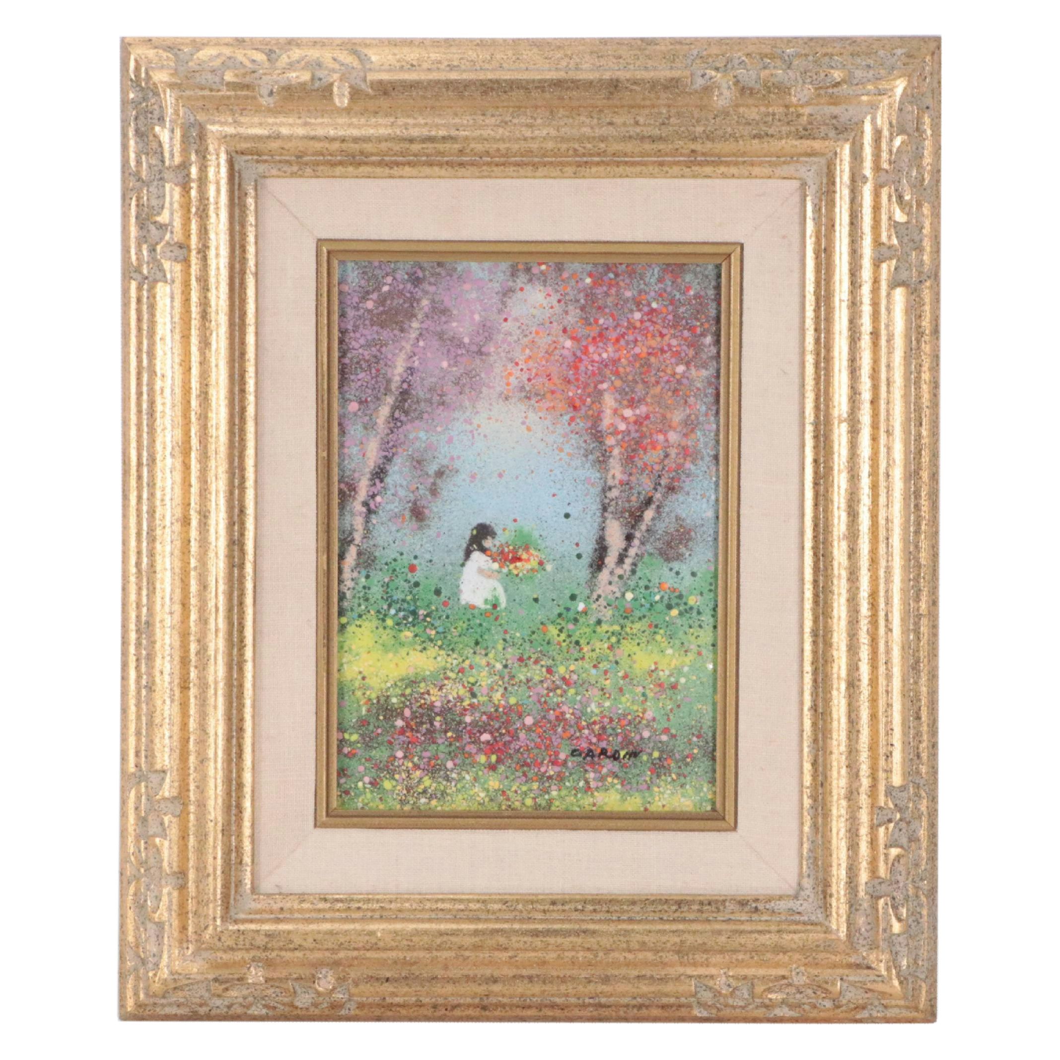 Louis Cardin Enamel on Copper Picture of Girl Gathering Flowers