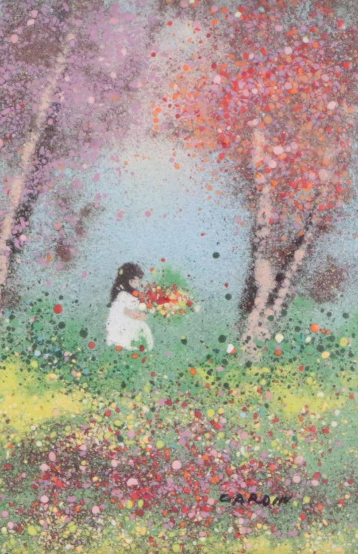 Louis Cardin Enamel on Copper Picture of Girl Gathering Flowers