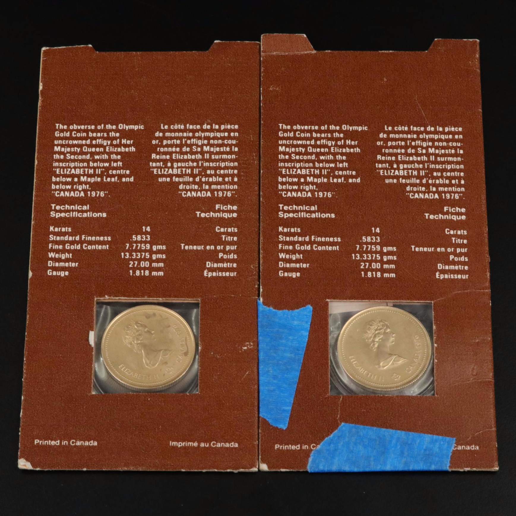 Two 1976 Canadian $100 Olympic Commemorative Gold Coins
