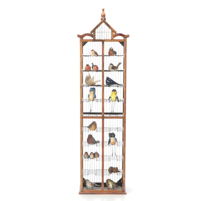 Bird Figurine Collection in Architectural Birdcage Display