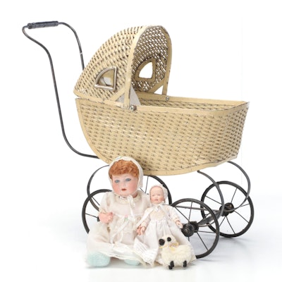 Armand Marseille 750 Open Mouth Bisque and Other Baby Doll in Wicker Pram