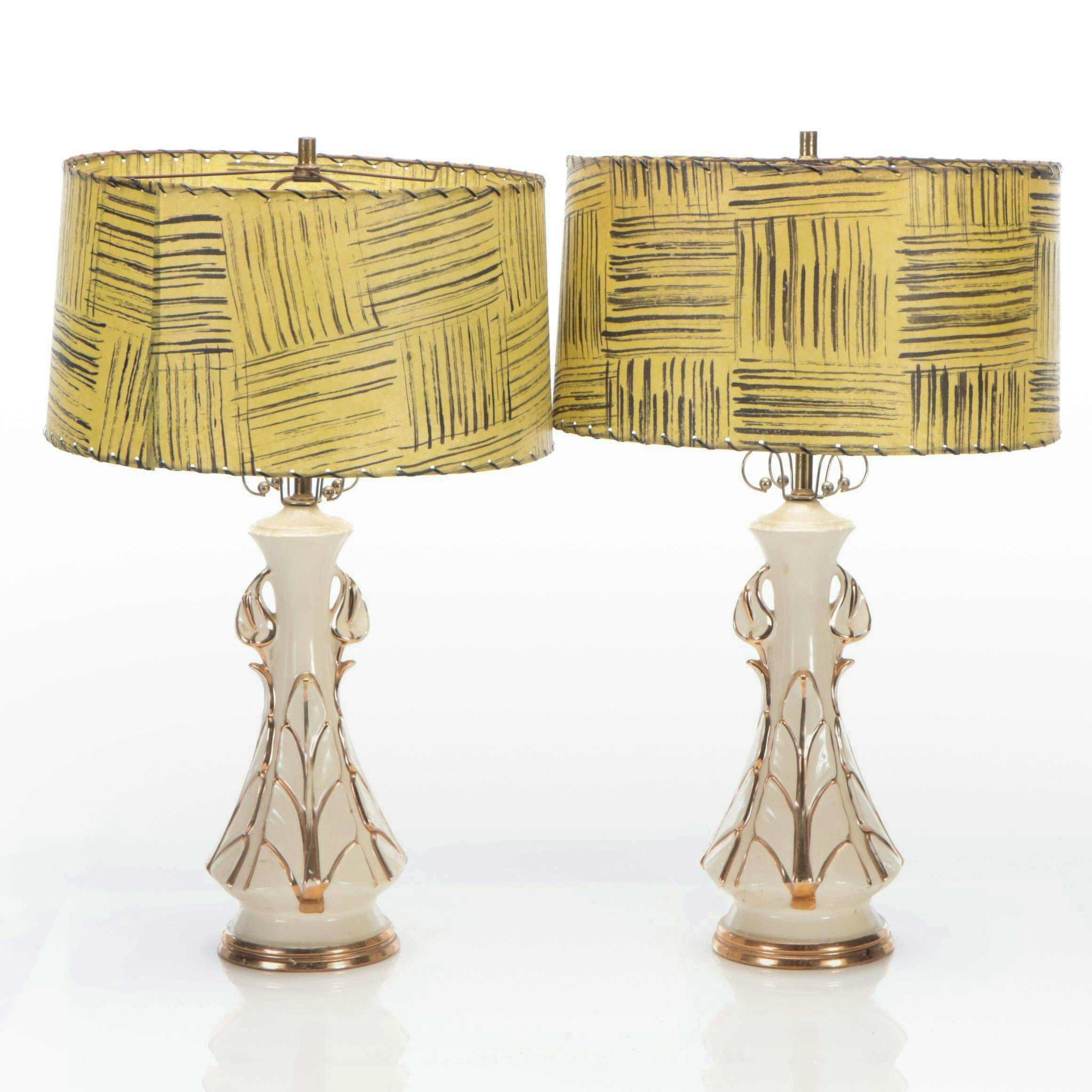Pair of Mid Century Modern Gilt and Ceramic Table Lamps with Fiberglass Shades