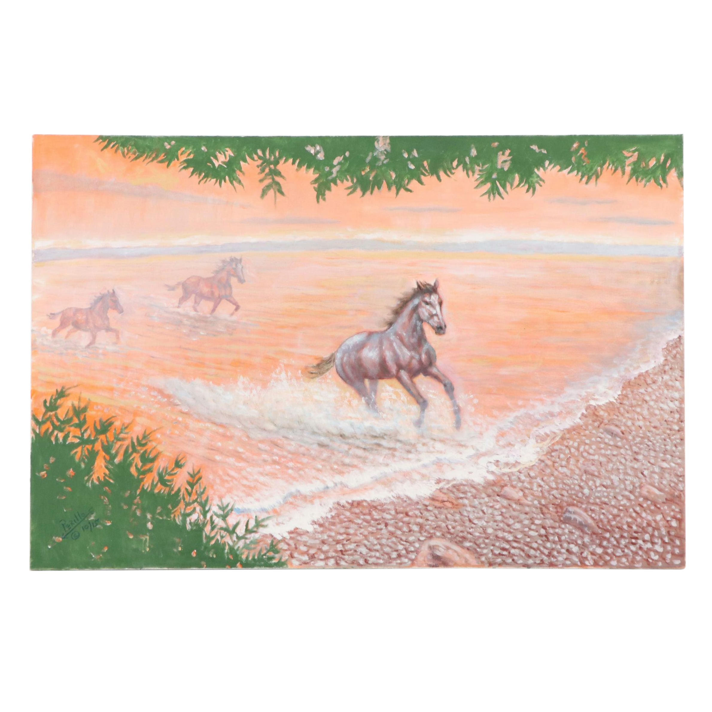 Gregory Perillo Oil Painting of Horses Running on Beach