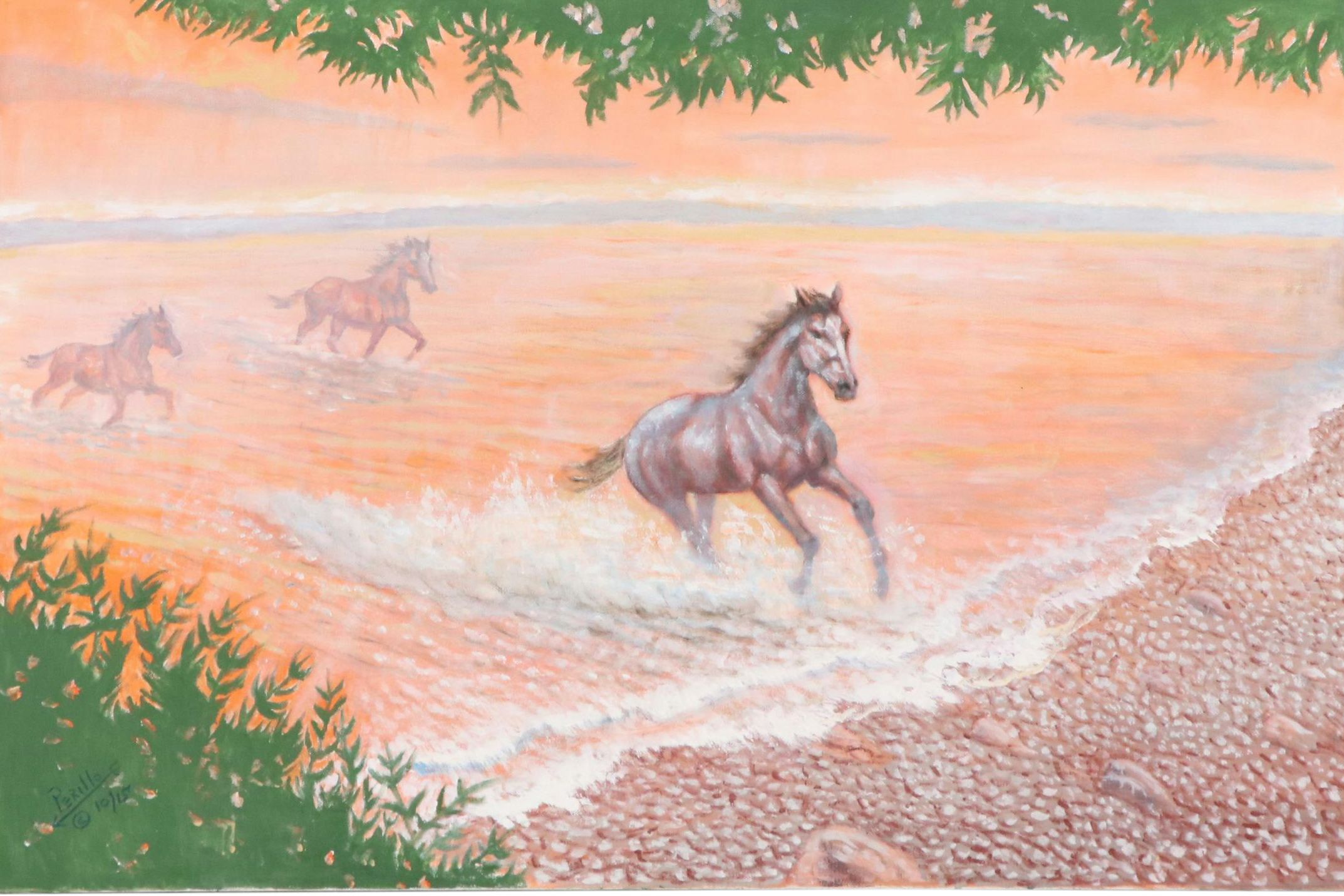 Gregory Perillo Oil Painting of Horses Running on Beach