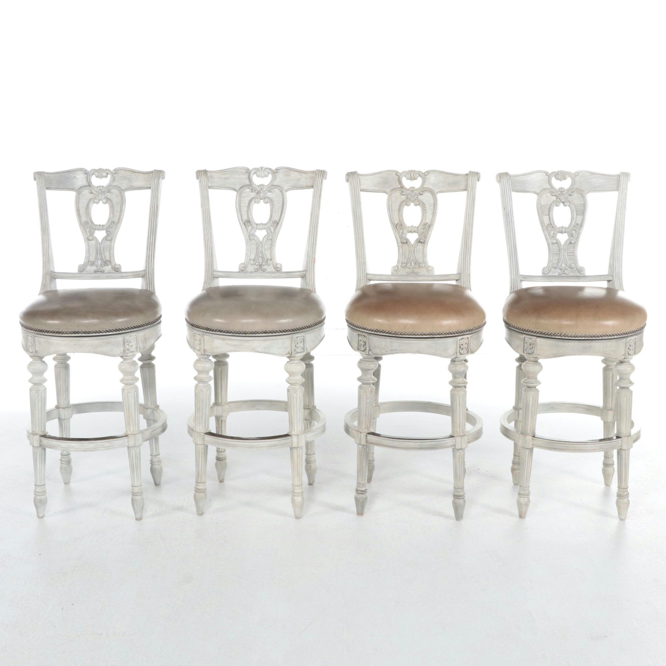 Two Pairs of Frontgate Cerused Hardwood and Leather Swivel Bar Stools
