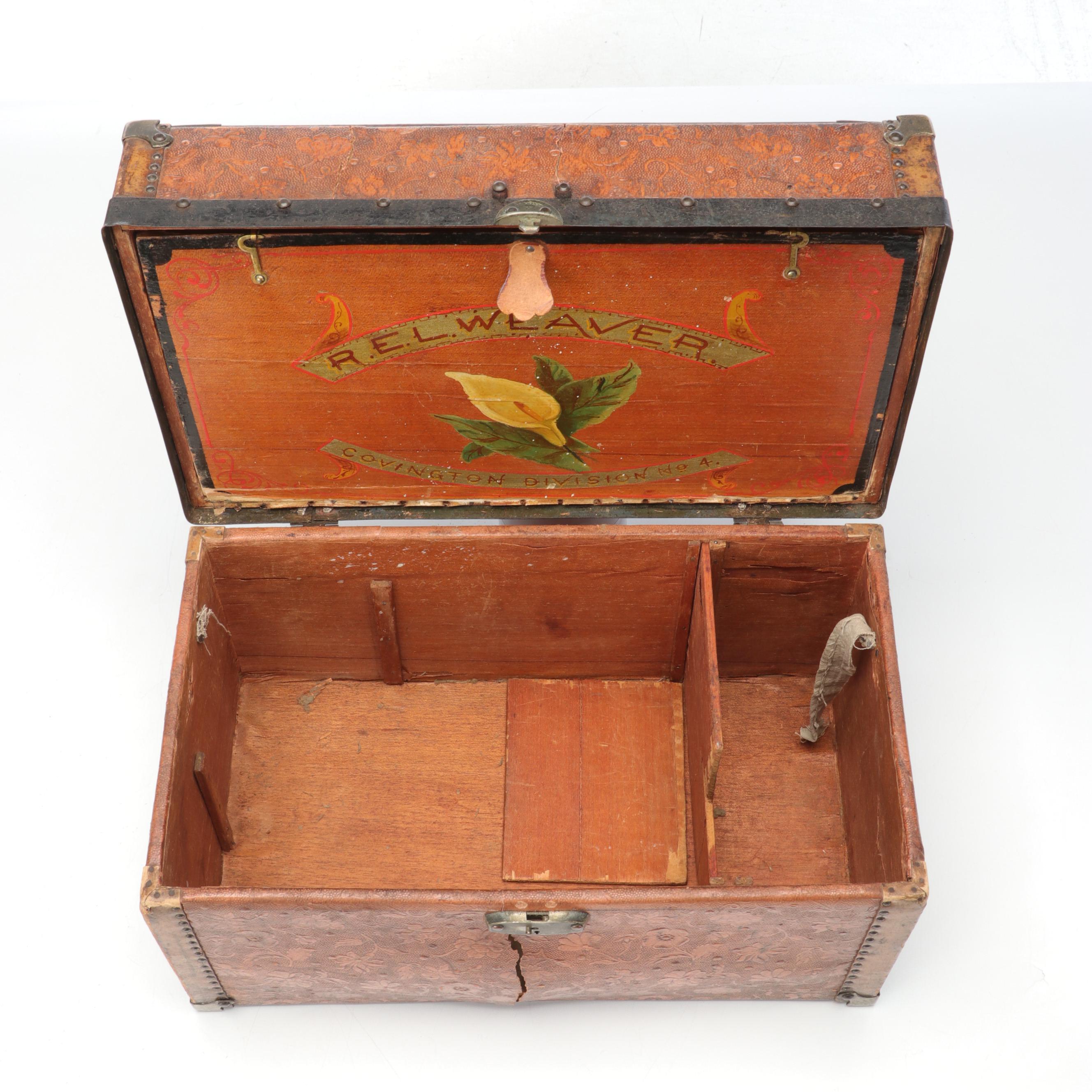 Victorian Embossed Leather Wooden Doll Trunk with Interior Painted Decoration