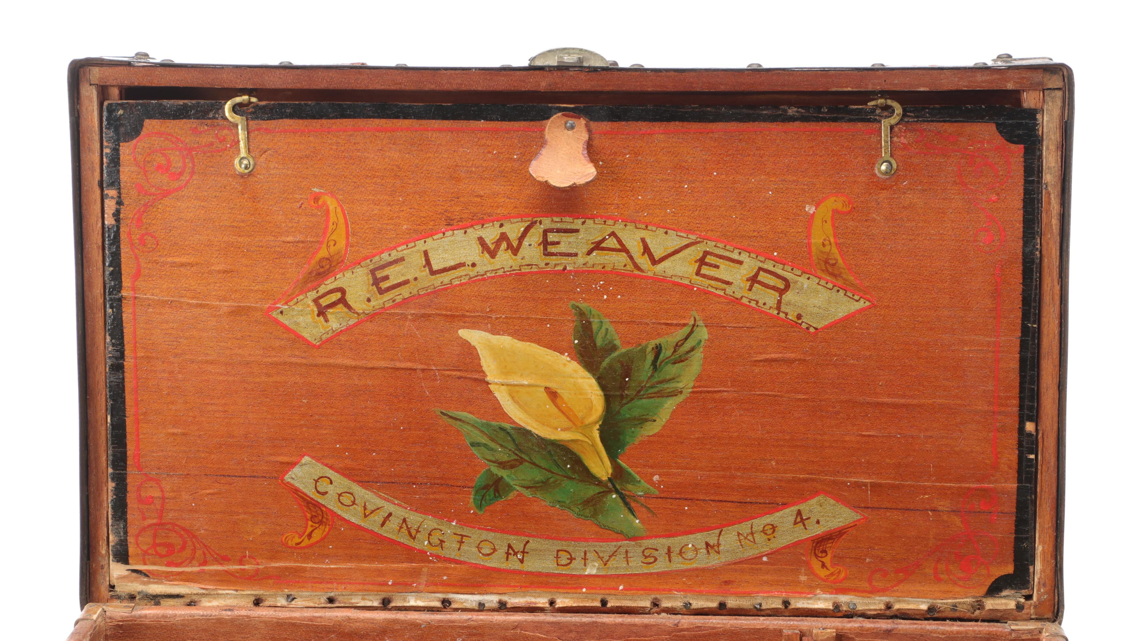 Victorian Embossed Leather Wooden Doll Trunk with Interior Painted Decoration