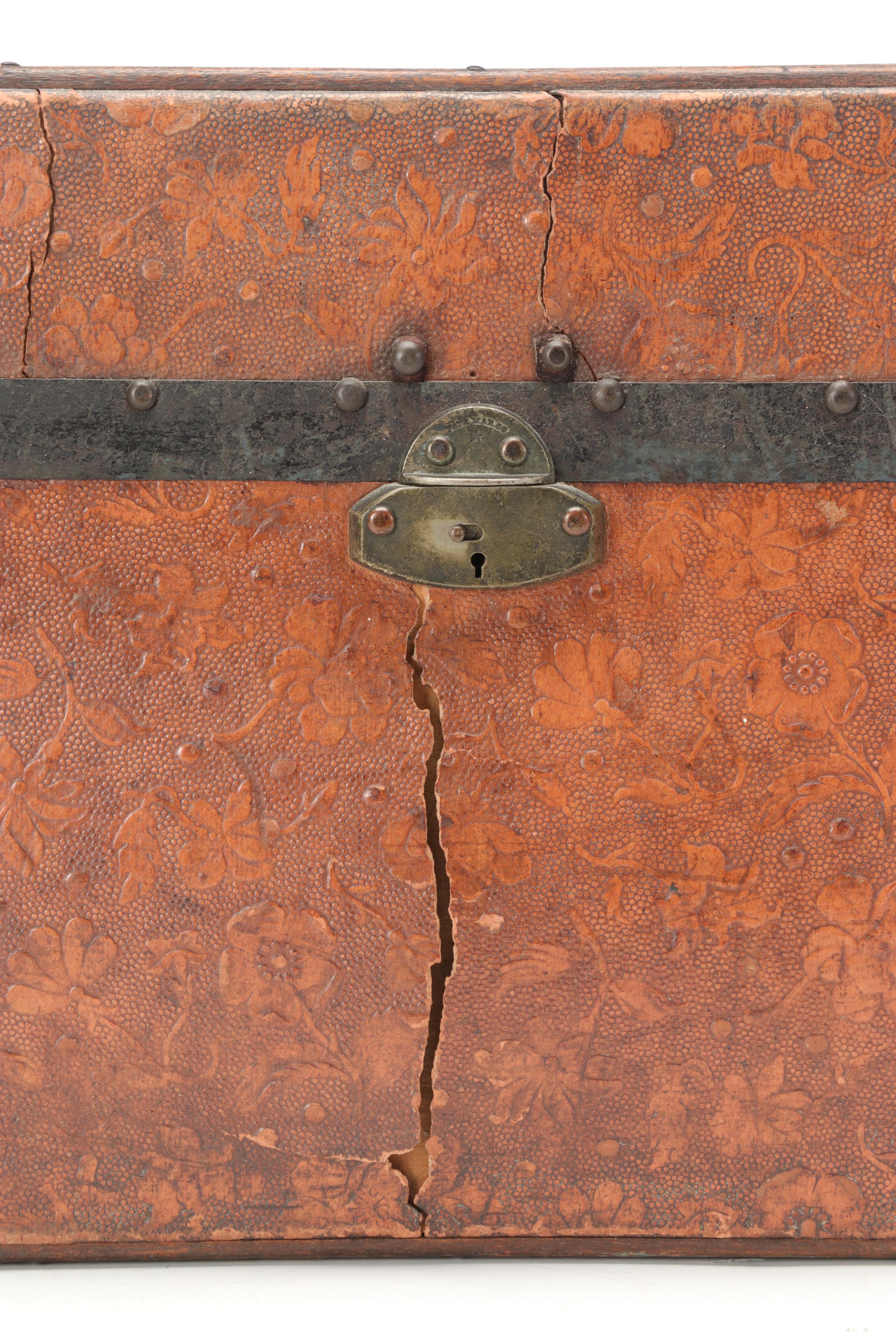 Victorian Embossed Leather Wooden Doll Trunk with Interior Painted Decoration