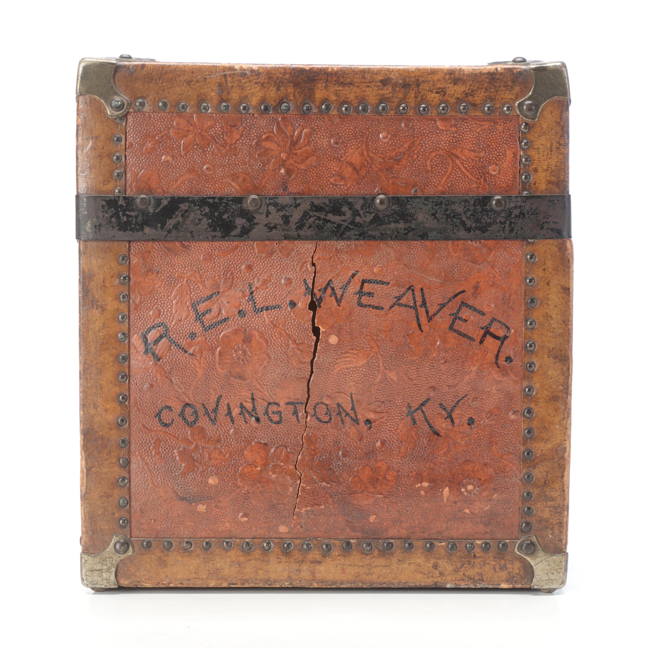 Victorian Embossed Leather Wooden Doll Trunk with Interior Painted Decoration