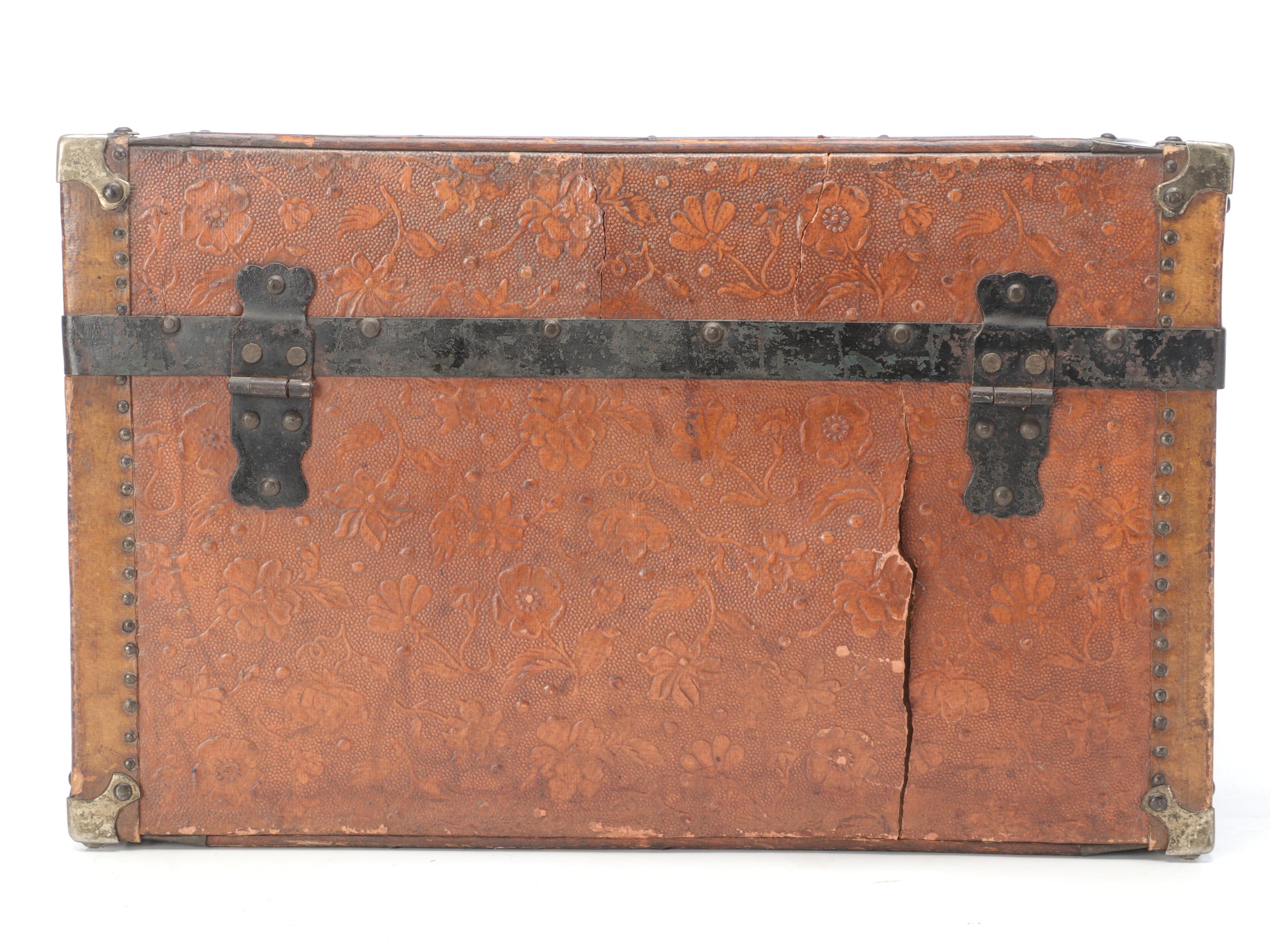 Victorian Embossed Leather Wooden Doll Trunk with Interior Painted Decoration