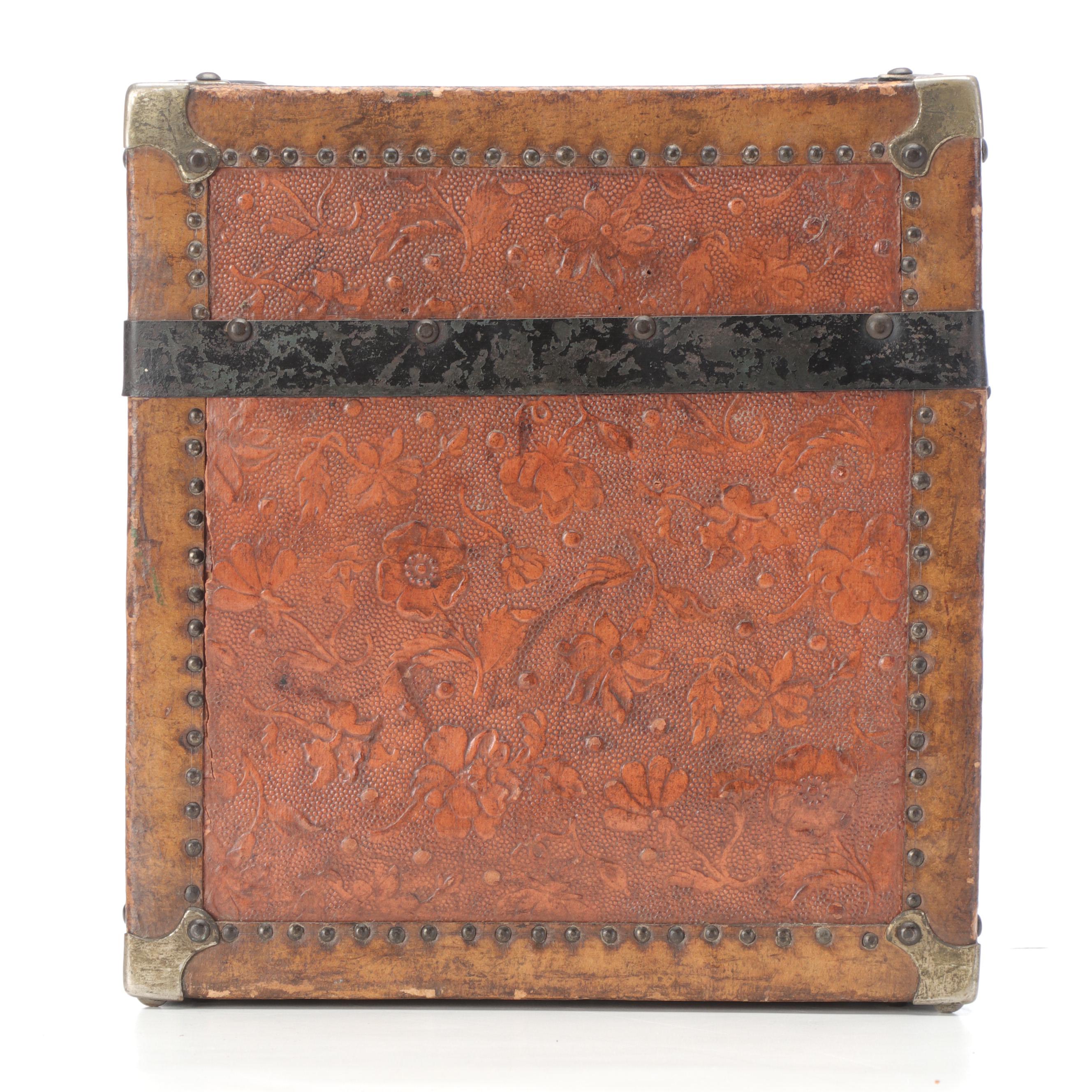 Victorian Embossed Leather Wooden Doll Trunk with Interior Painted Decoration