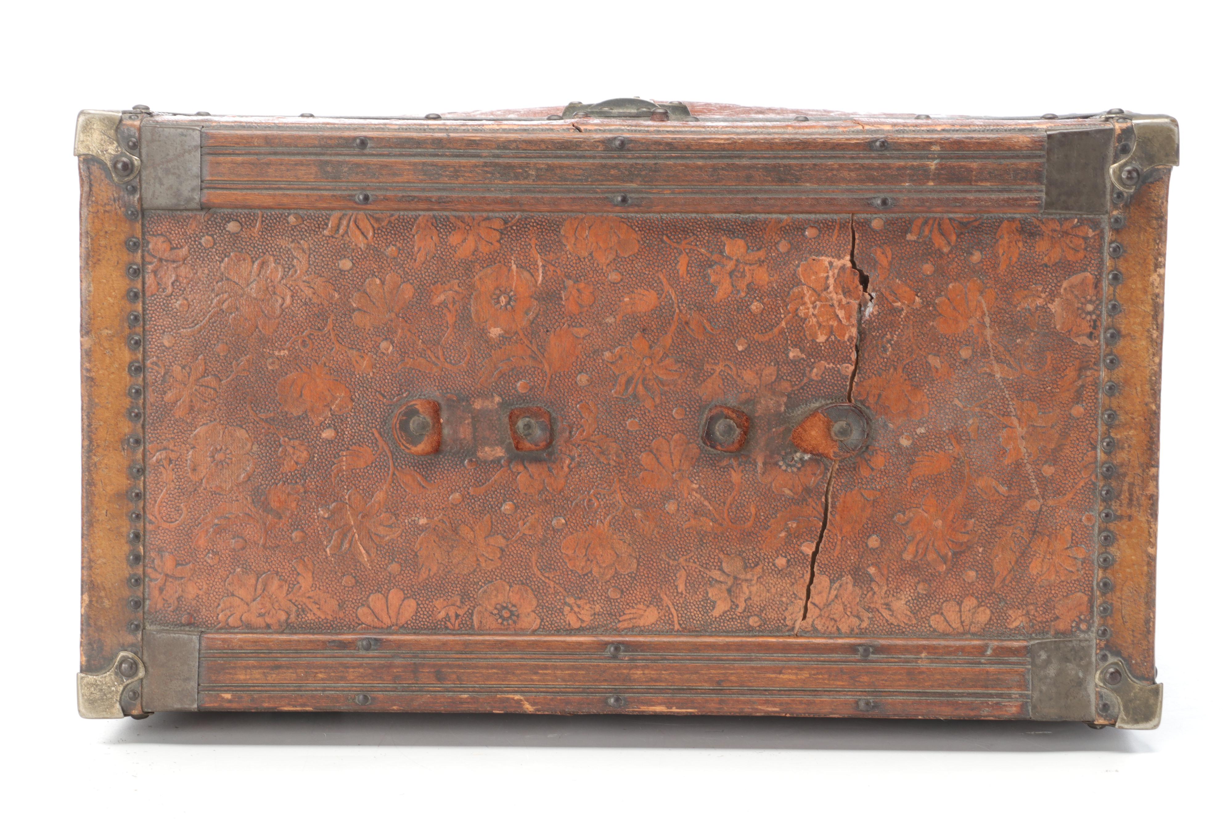 Victorian Embossed Leather Wooden Doll Trunk with Interior Painted Decoration