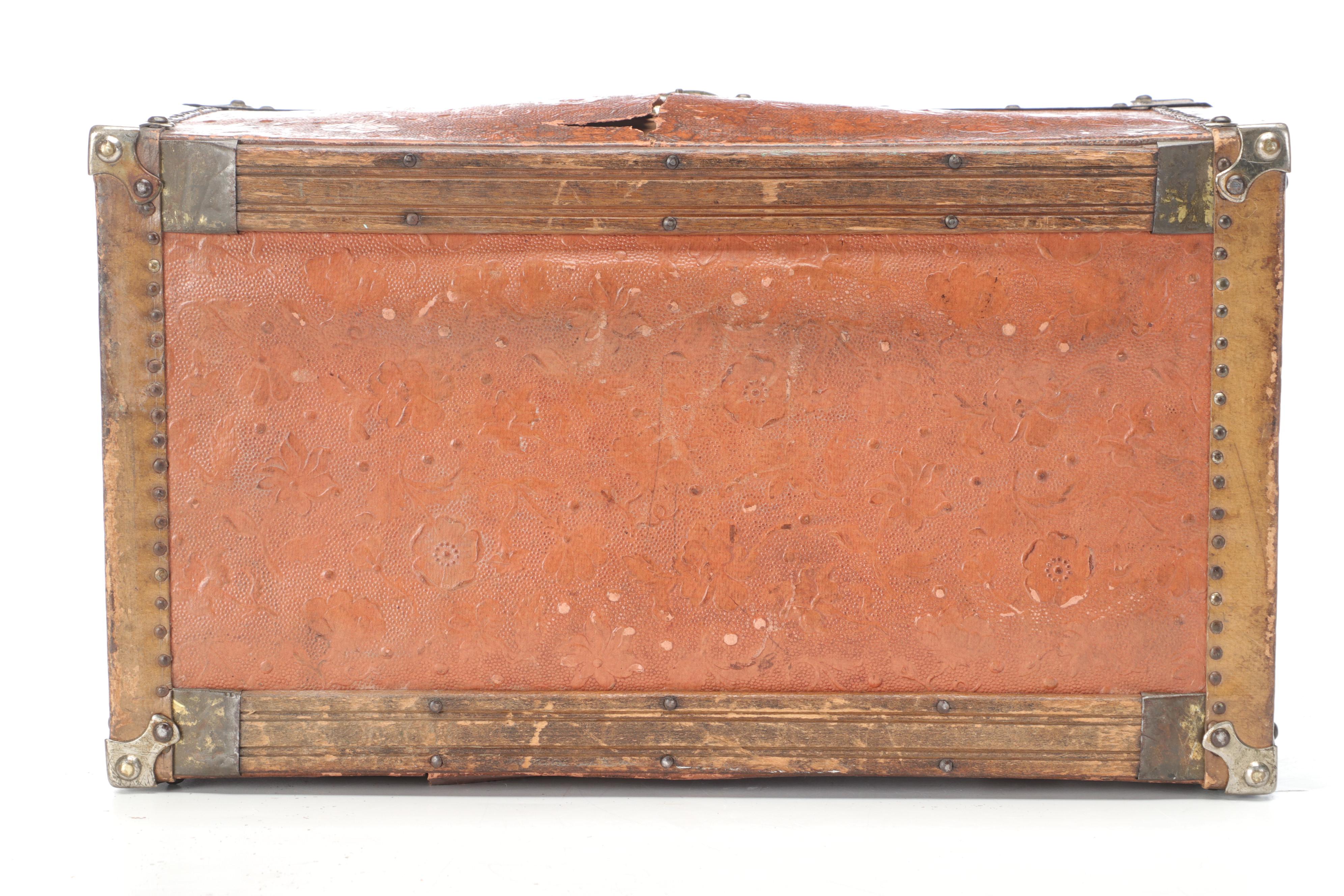 Victorian Embossed Leather Wooden Doll Trunk with Interior Painted Decoration