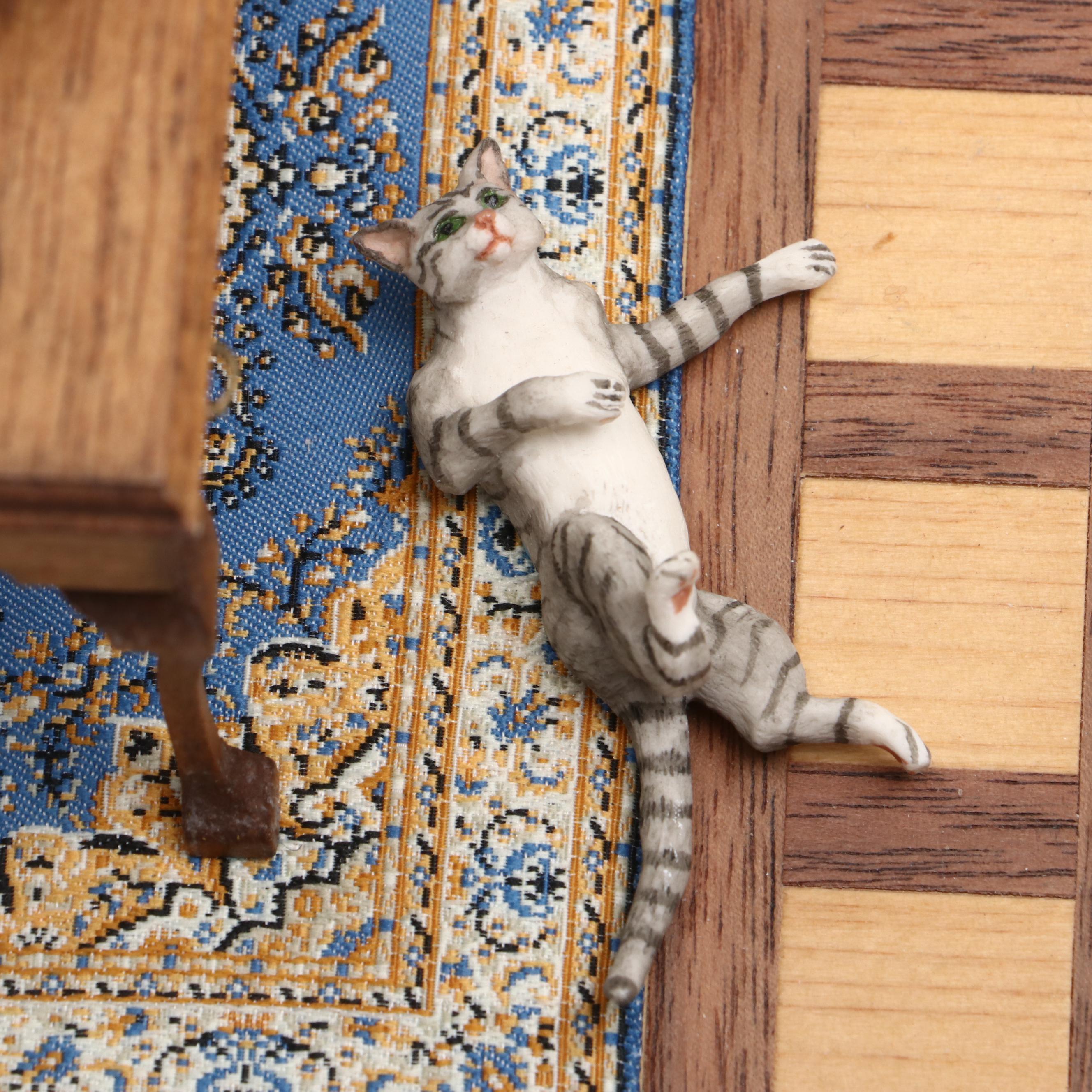 Miniature Handcrafted Diorama of French Style Room with Cats