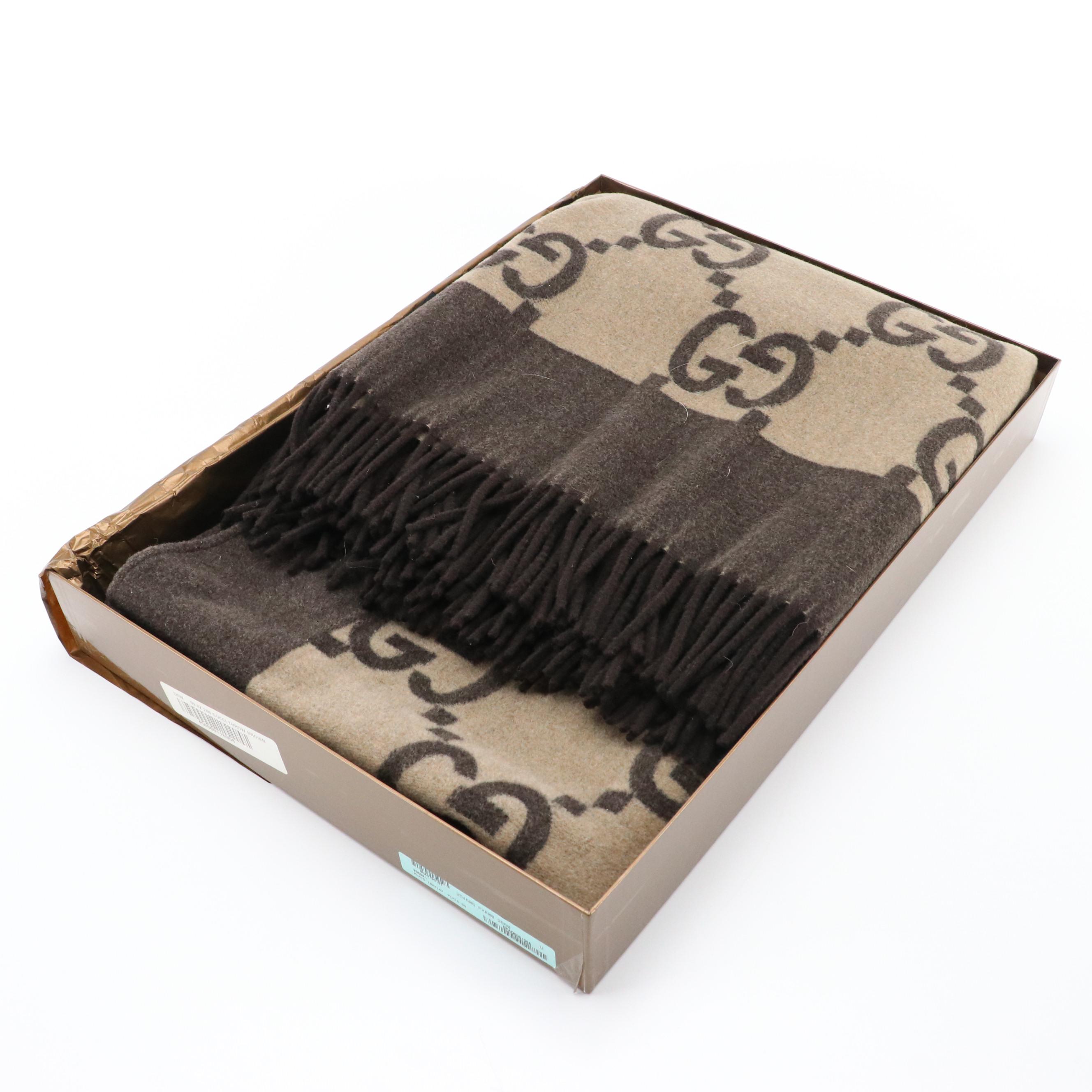 Gucci GG Fringed Blanket Throw in Wool, Nylon, and Cashmere with Box