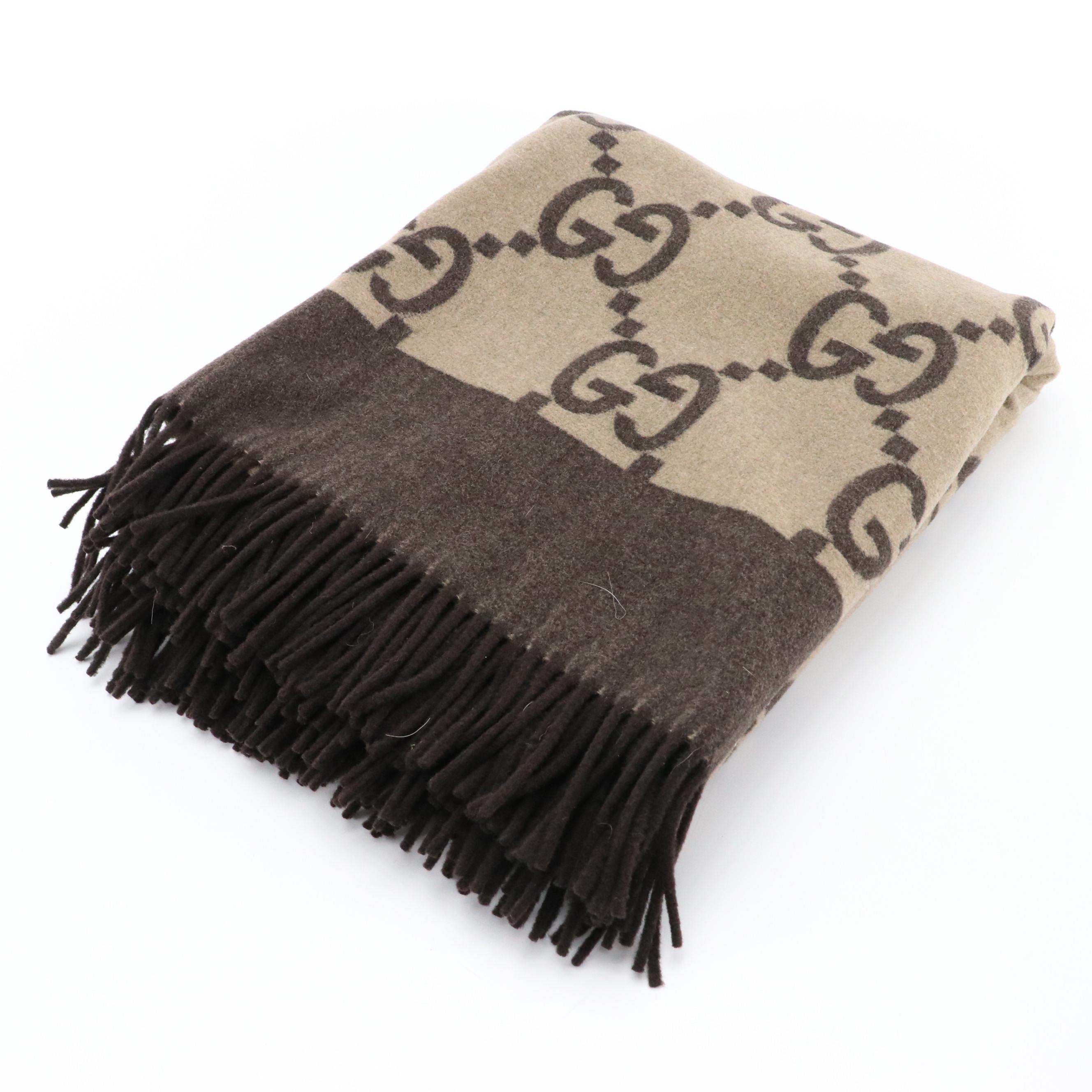 Gucci GG Fringed Blanket Throw in Wool, Nylon, and Cashmere with Box