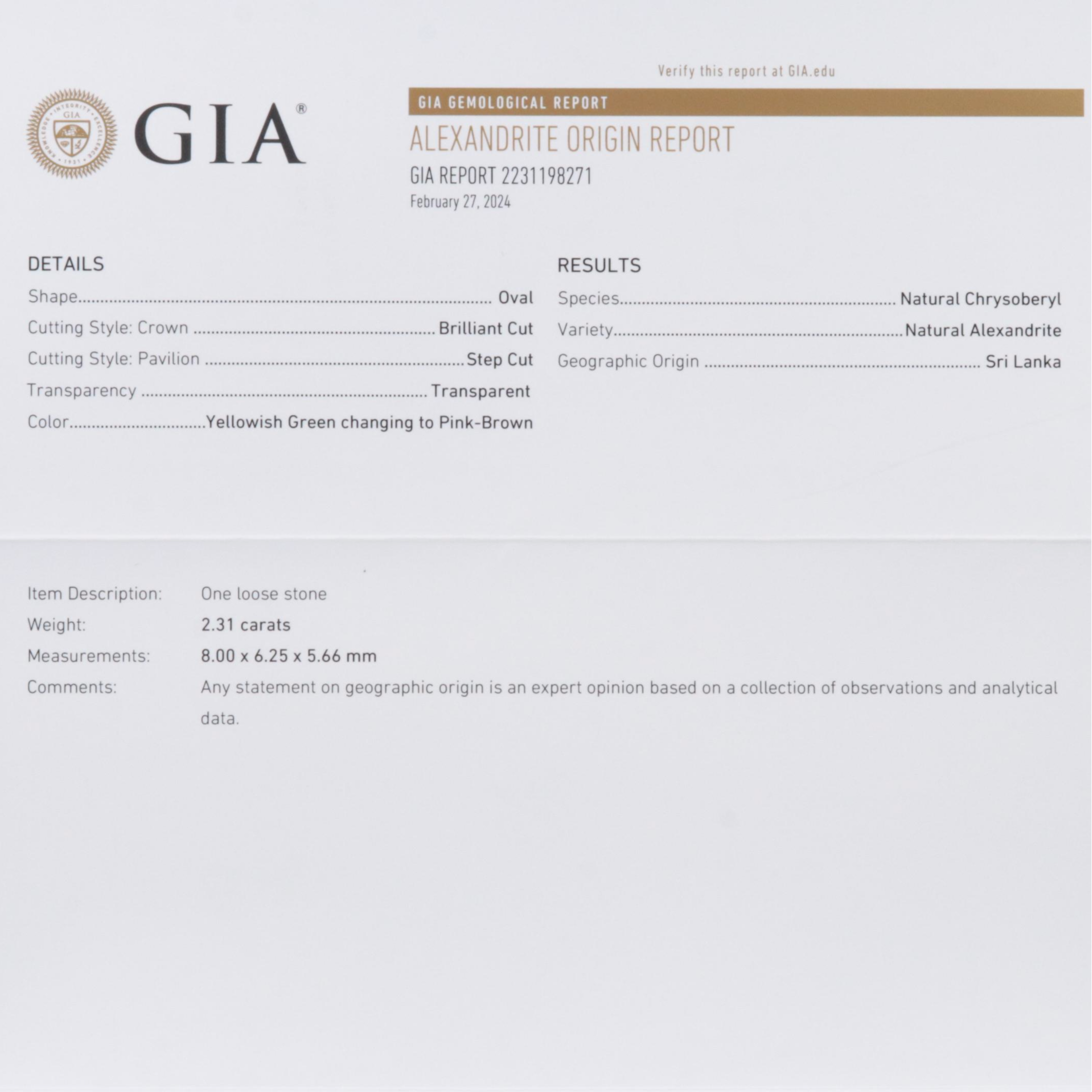 Platinum and 14K 2.31 CT Ceylon Alexandrite and Diamond Ring with GIA Report