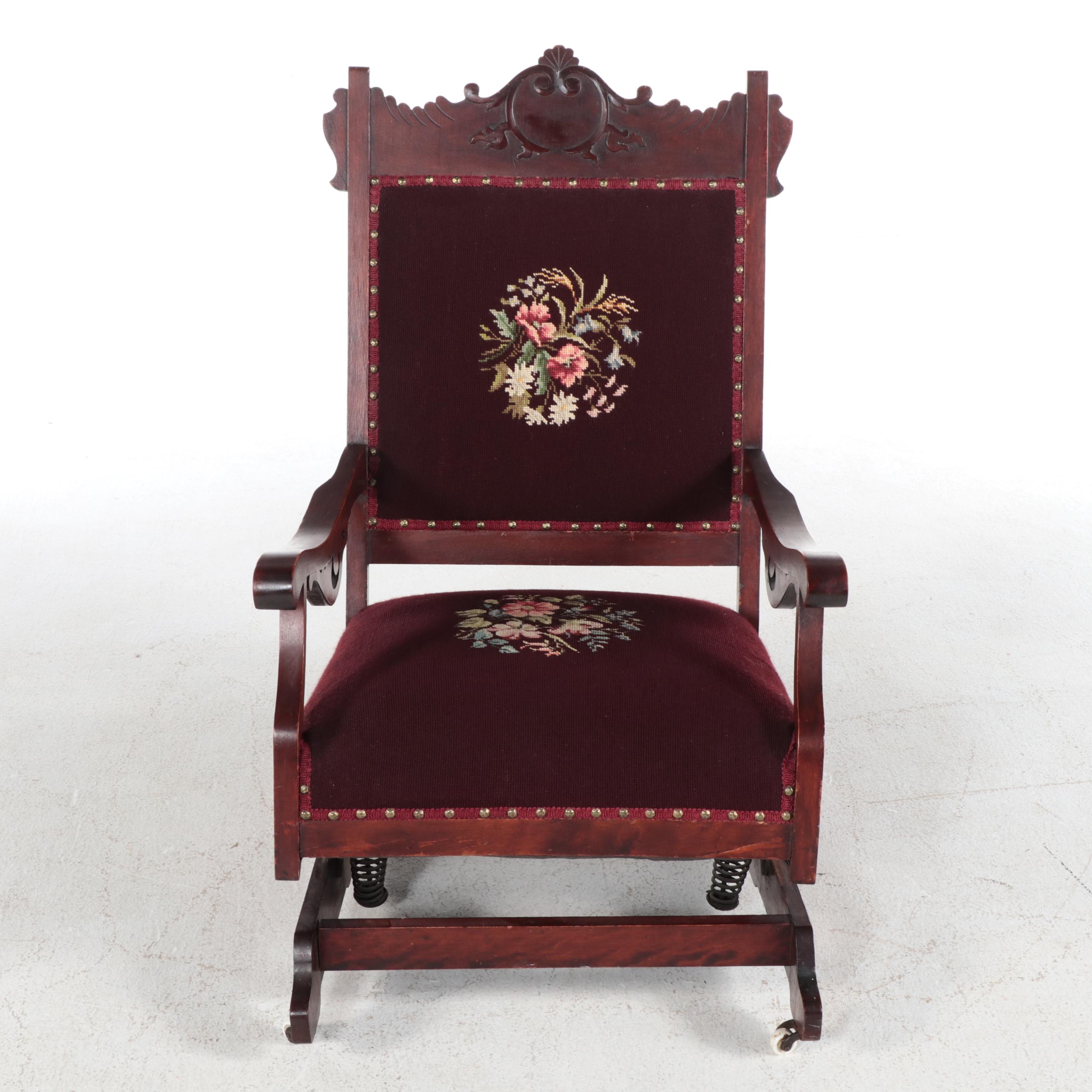 Late Victorian Birch and Needlepoint Platform Rocker, Circa 1900