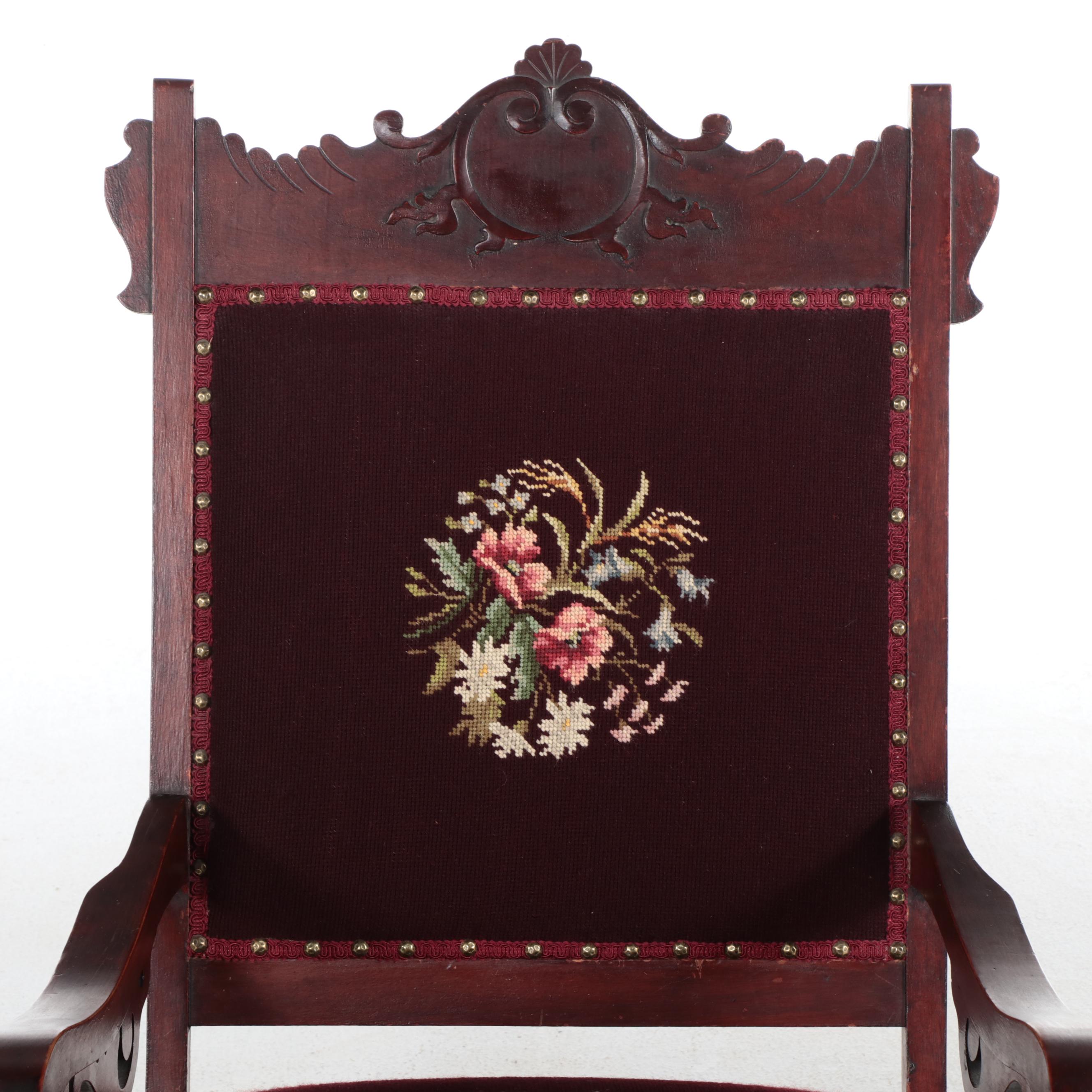 Late Victorian Birch and Needlepoint Platform Rocker, Circa 1900