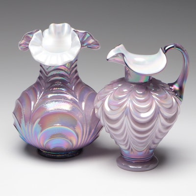 Fenton "Drapery" 95th Anniversary Iridescent Lavender Glass Vase and Pitcher
