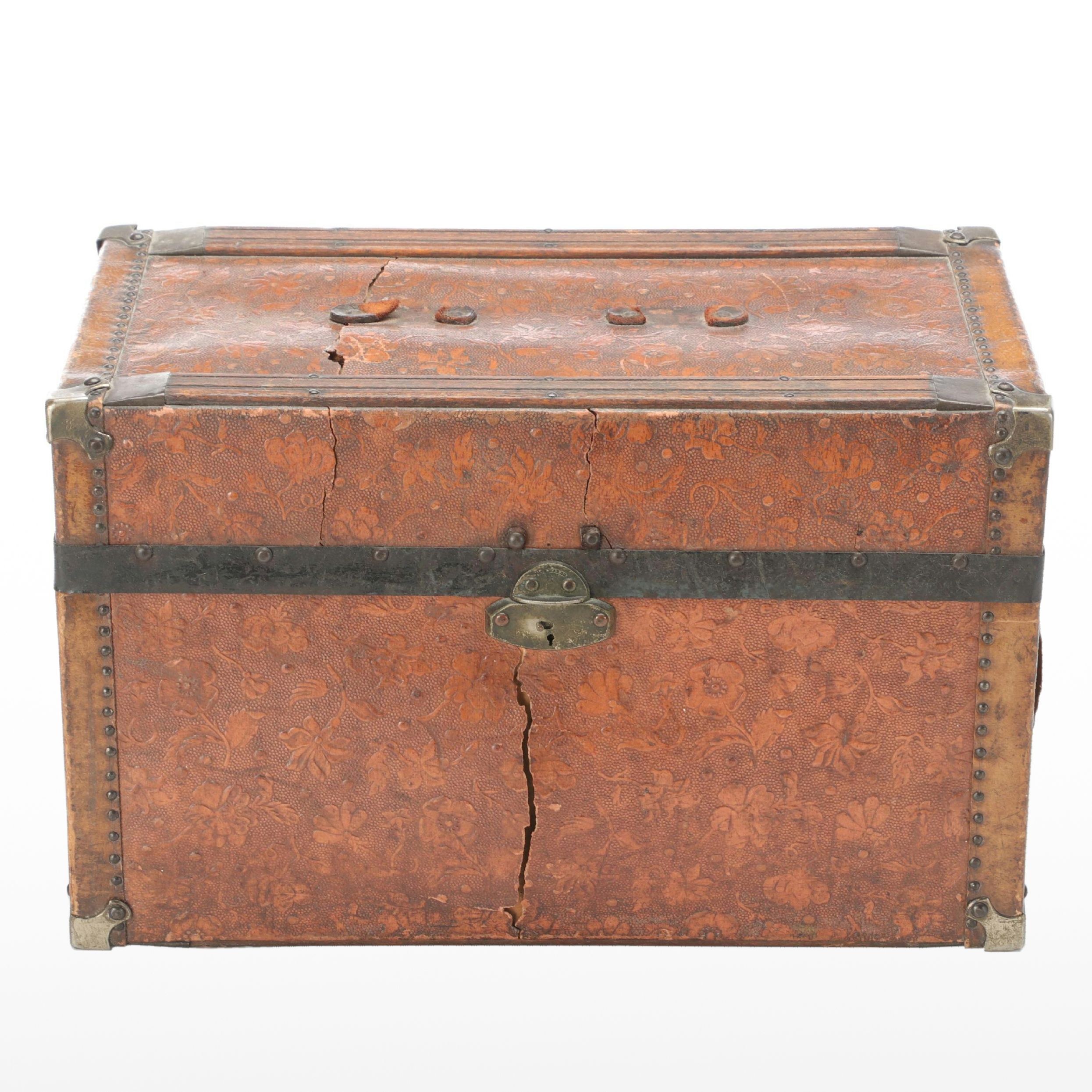 Victorian Embossed Leather Wooden Doll Trunk with Interior Painted Decoration