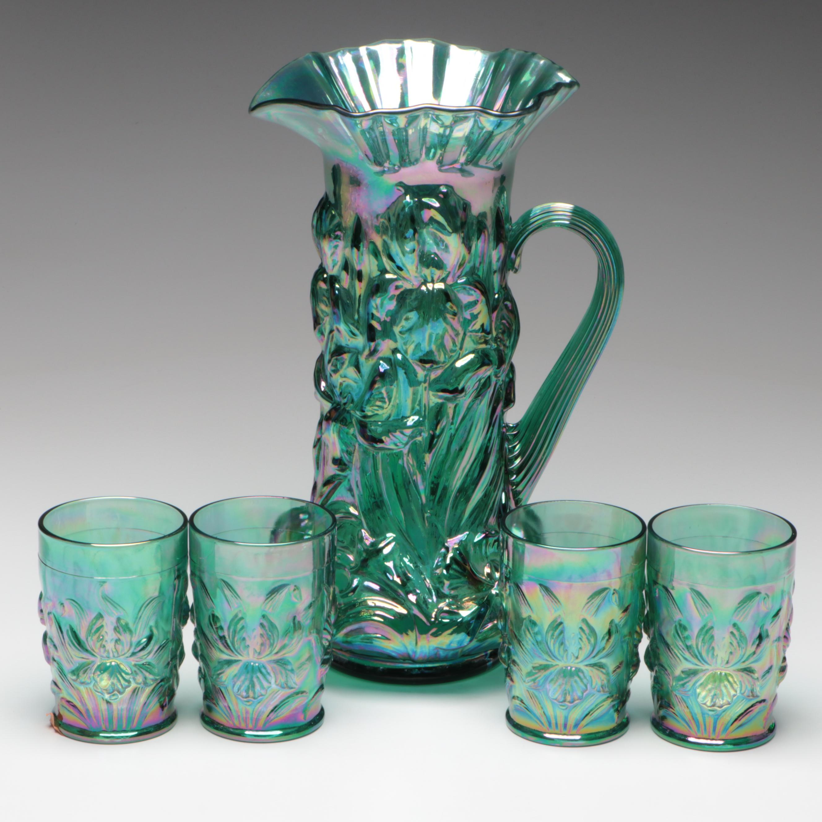 Fenton "Heavy Iris" Carnival Glass Pitcher and Tumblers, 2000