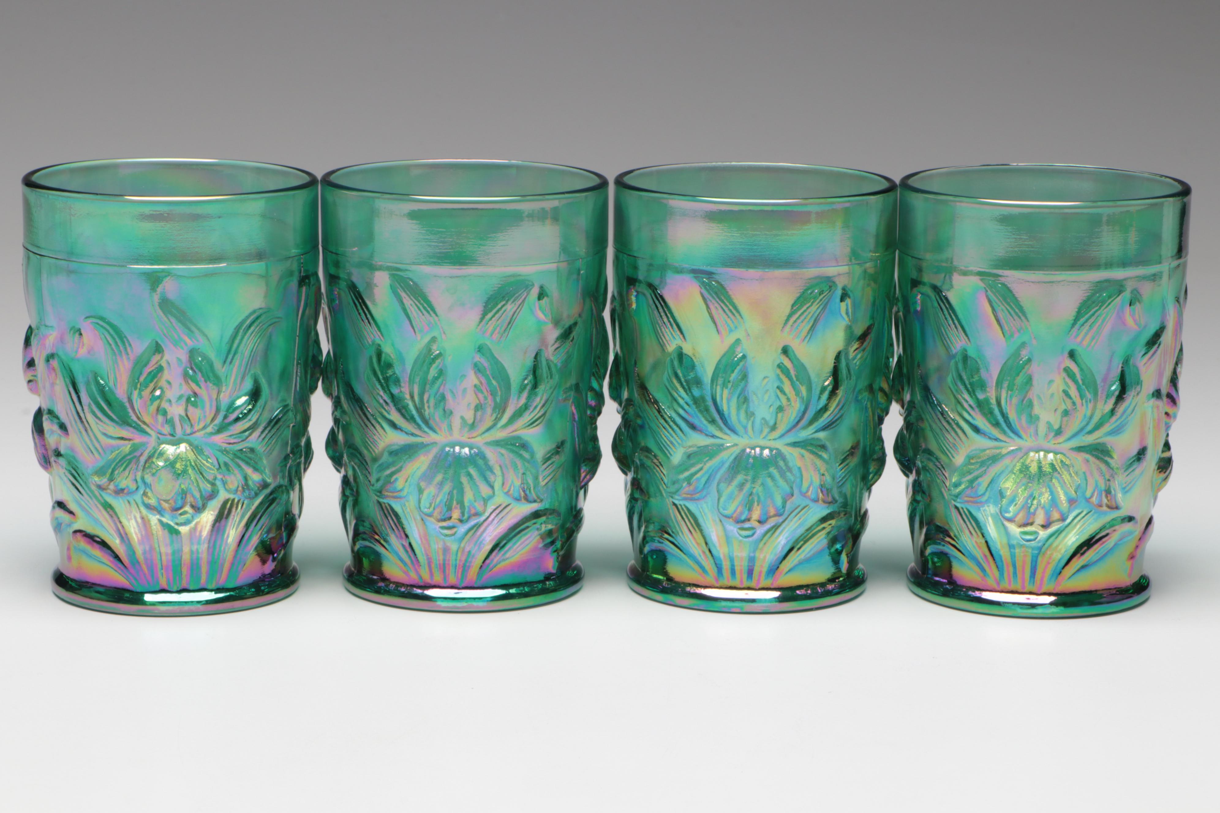 Fenton "Heavy Iris" Carnival Glass Pitcher and Tumblers, 2000