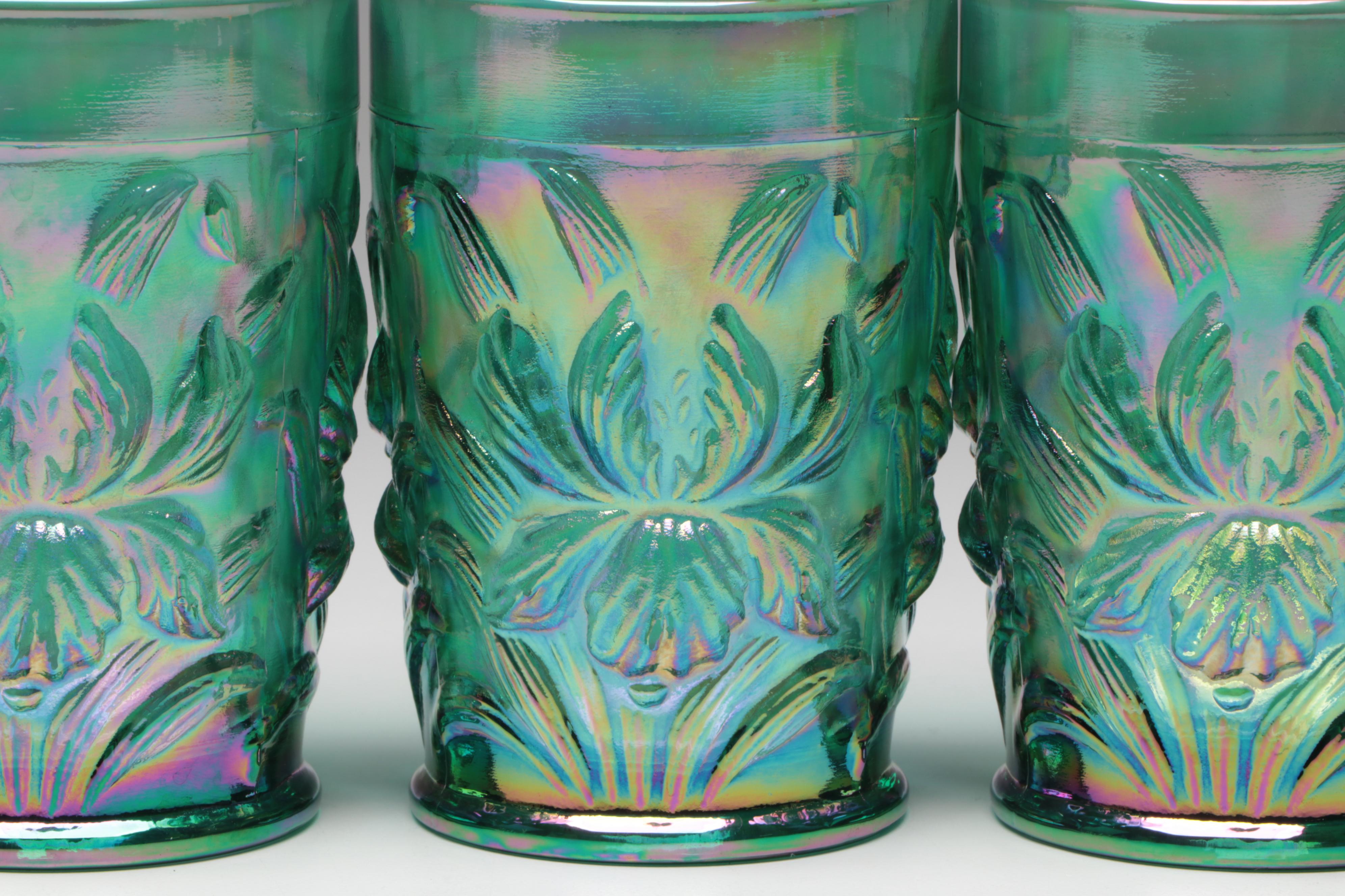 Fenton "Heavy Iris" Carnival Glass Pitcher and Tumblers, 2000