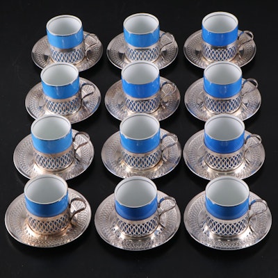 Cristofoli Enameled Ceramic Demitasse Cups with Silver Plate Zarfs and Saucers