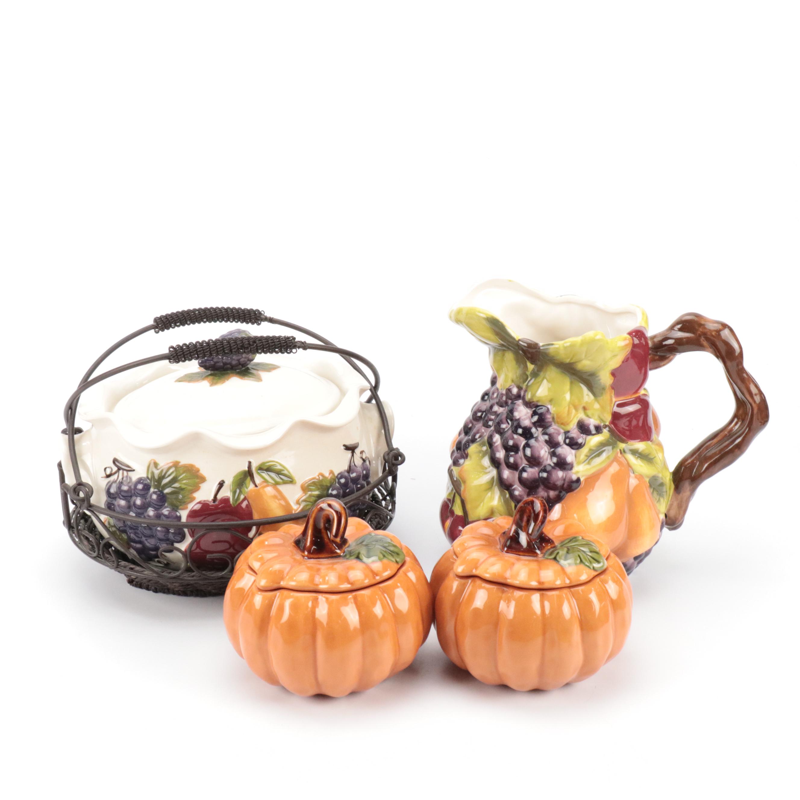 Celebrating Home Fruit Motif Ceramic Pitcher and Lidded Bowl with More