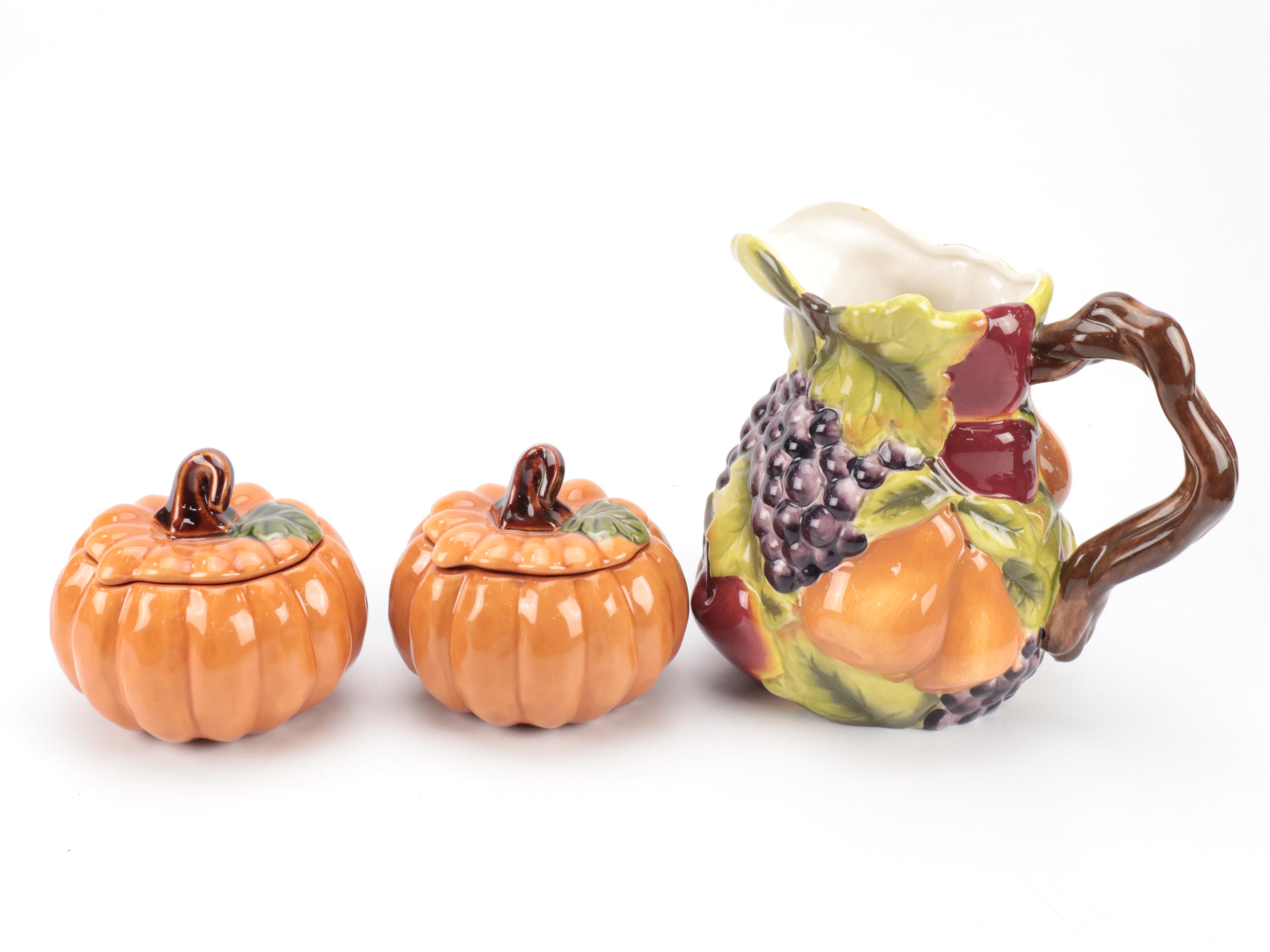Celebrating Home Fruit Motif Ceramic Pitcher and Lidded Bowl with More