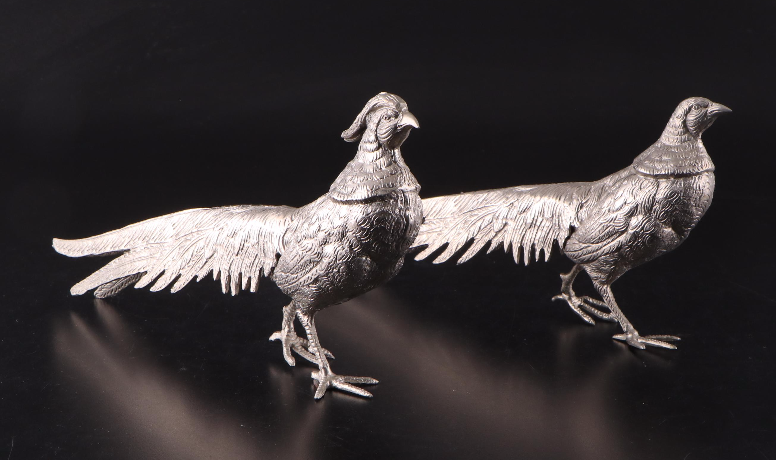 Pair of Silver Plated Pheasant Figurines, Mid-20th Century