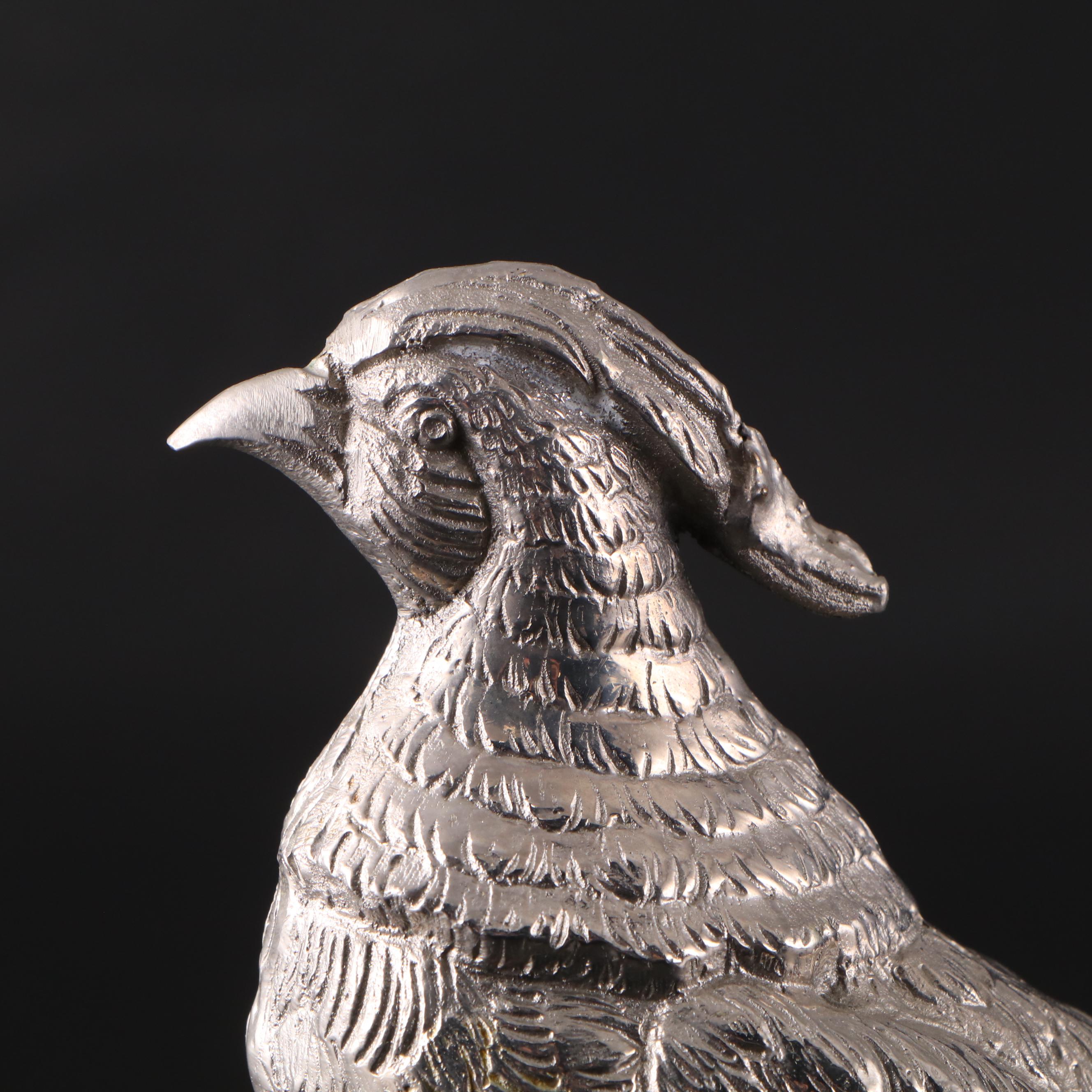 Pair of Silver Plated Pheasant Figurines, Mid-20th Century