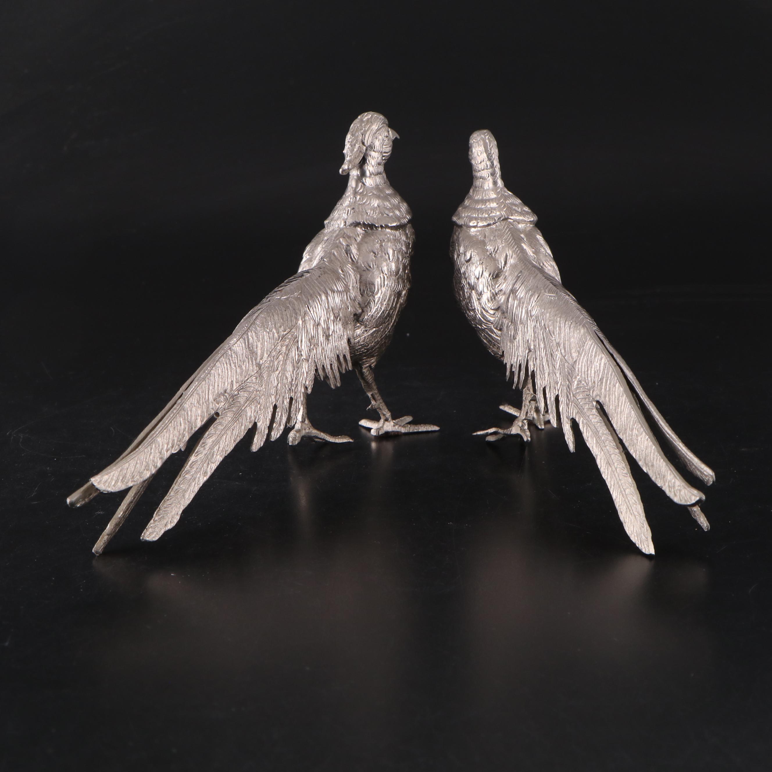 Pair of Silver Plated Pheasant Figurines, Mid-20th Century